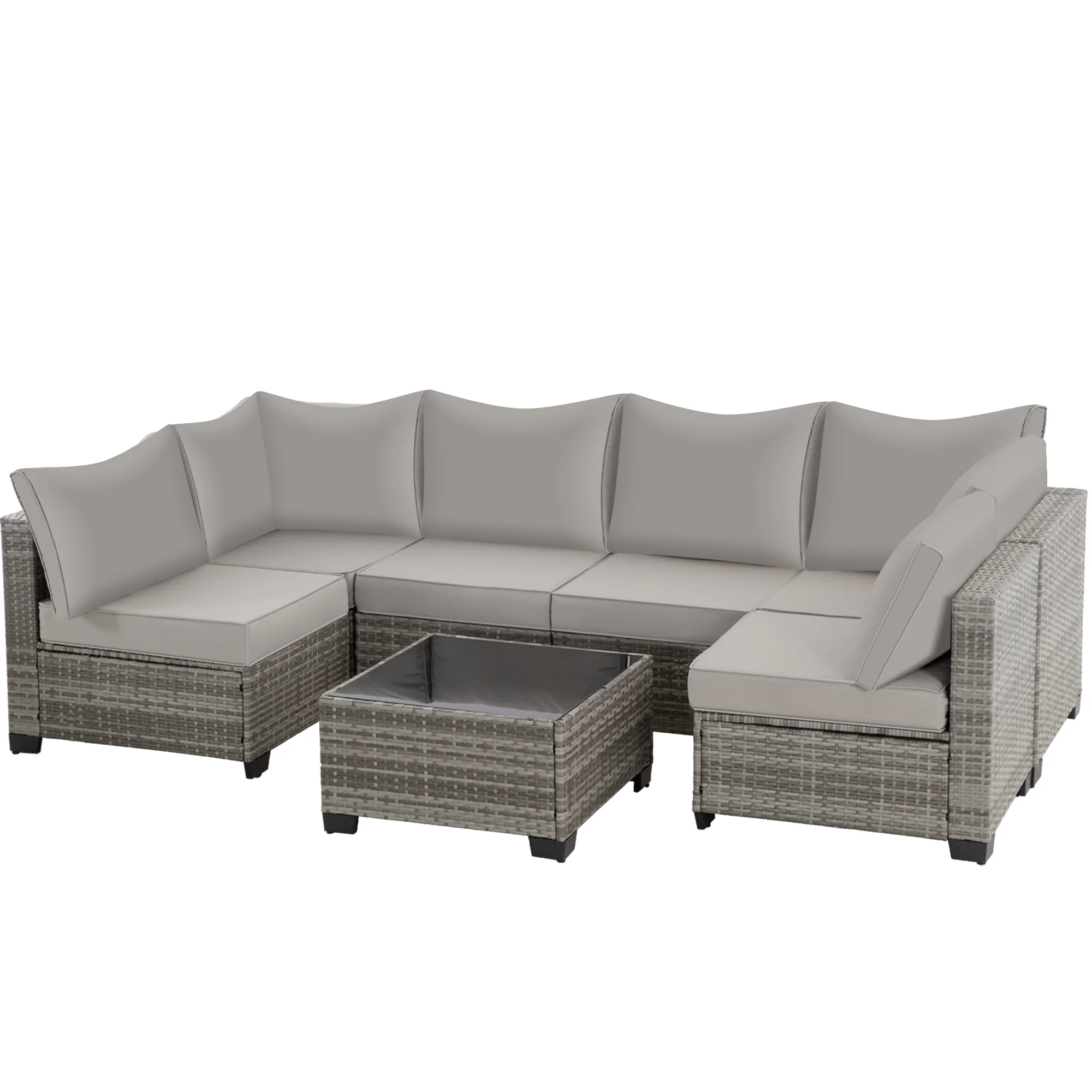 7 Pcs Outdoor Patio Furniture Sofa Set on Sale, Grey Rattan Grey Cushion(7PCS/Grey Rattan/Grey Cushion) - Image 6