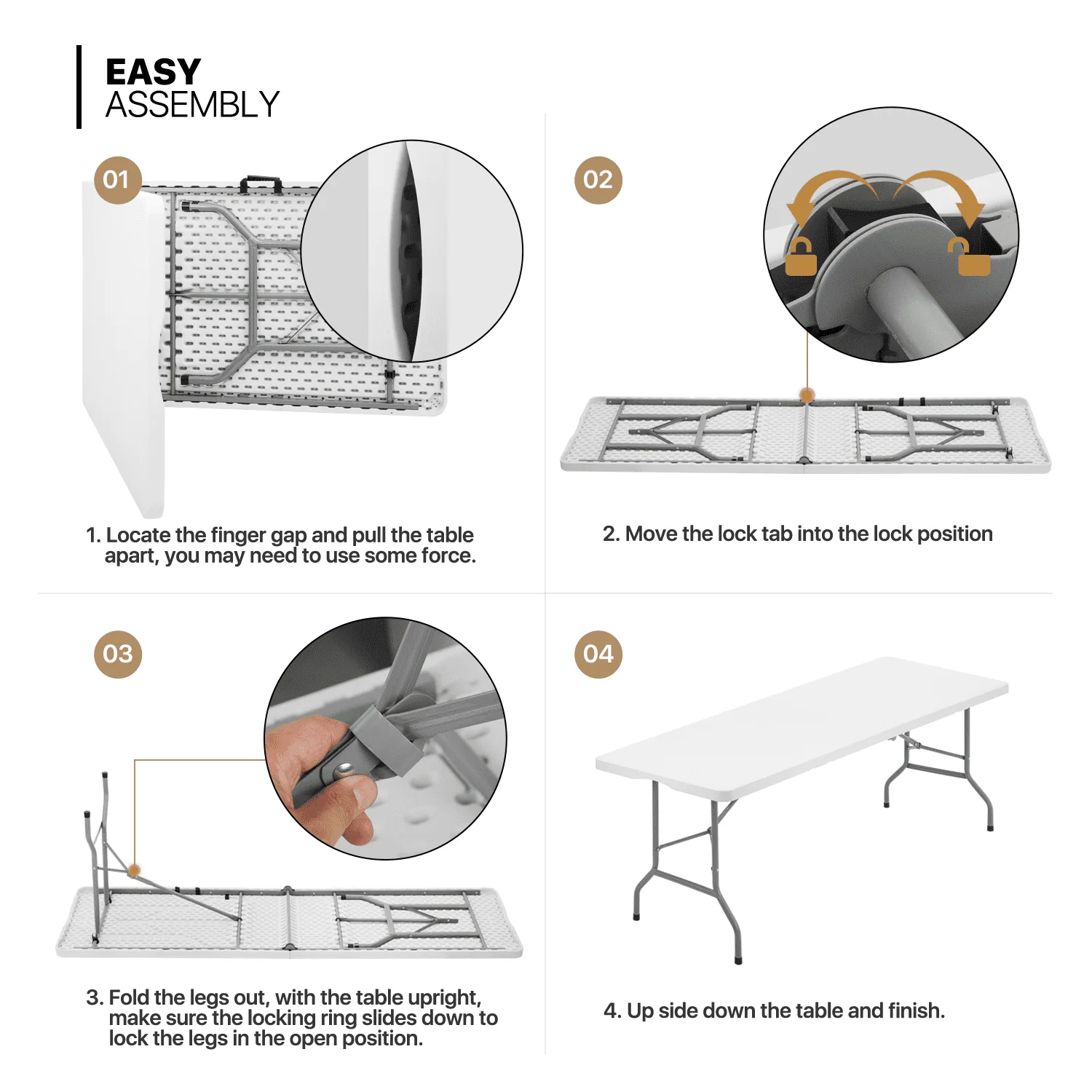11 Pieces 8 Ft Heavy Duty Folding Utility Table and Chair Set, Rectangle Fold in Half Table Outdoor Picnic Desk with Handle and Foldable Chairs, White/Black - Image 4