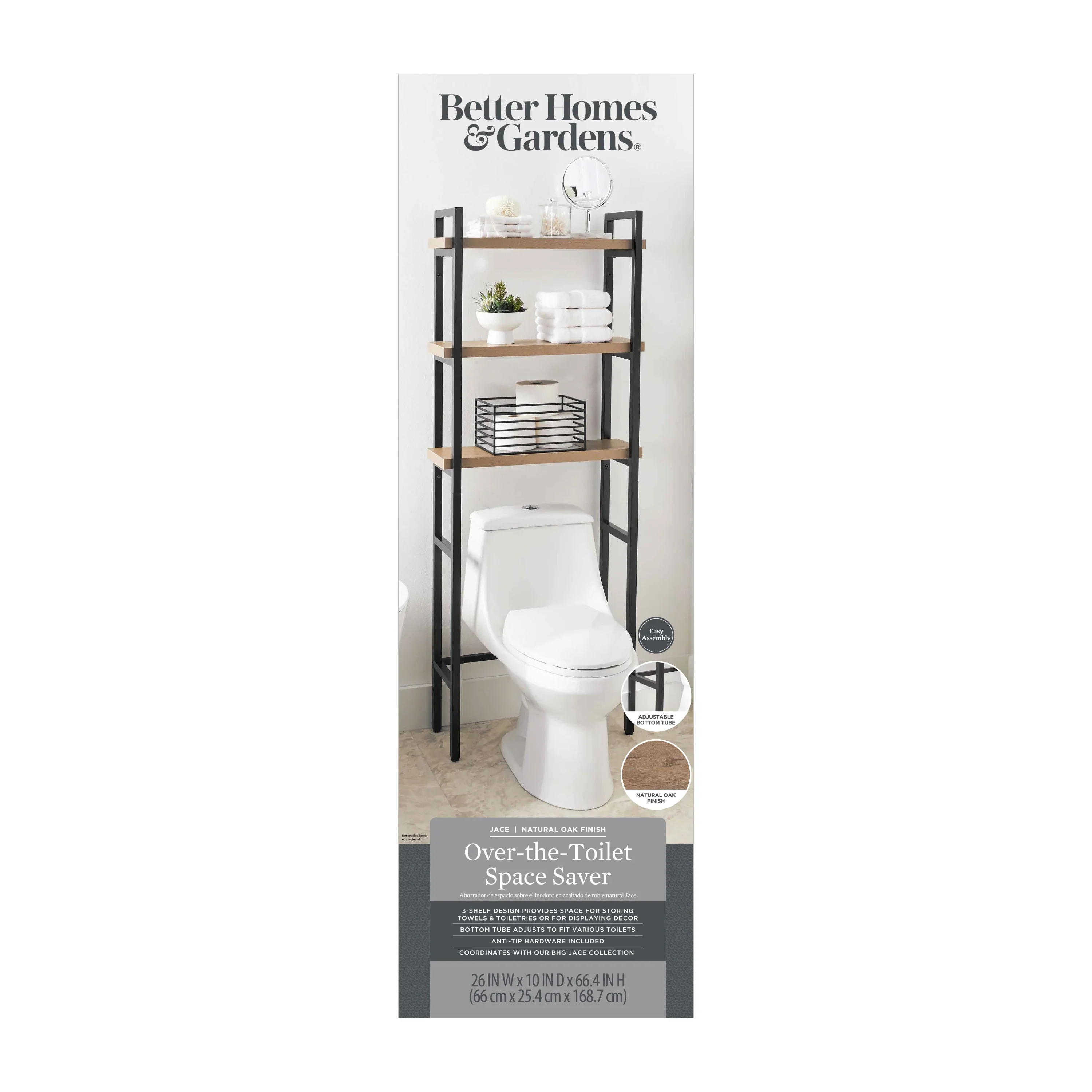 Better Homes & Gardens Jace 3-Shelf Over-the-Toilet Rack, Black Frame & Oak Shelves