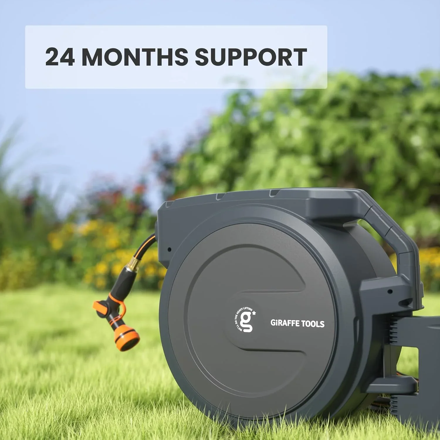 Giraffe Tools Retractable Garden Hose Reel with 1/2in-78ft Hose, Metal Bracket, Wall Mounted, Dark Grey