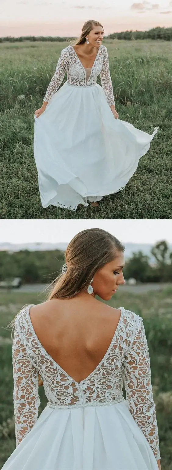 Long Sleeves A Line V Neck Lace Top Long Wedding Dress DMG80