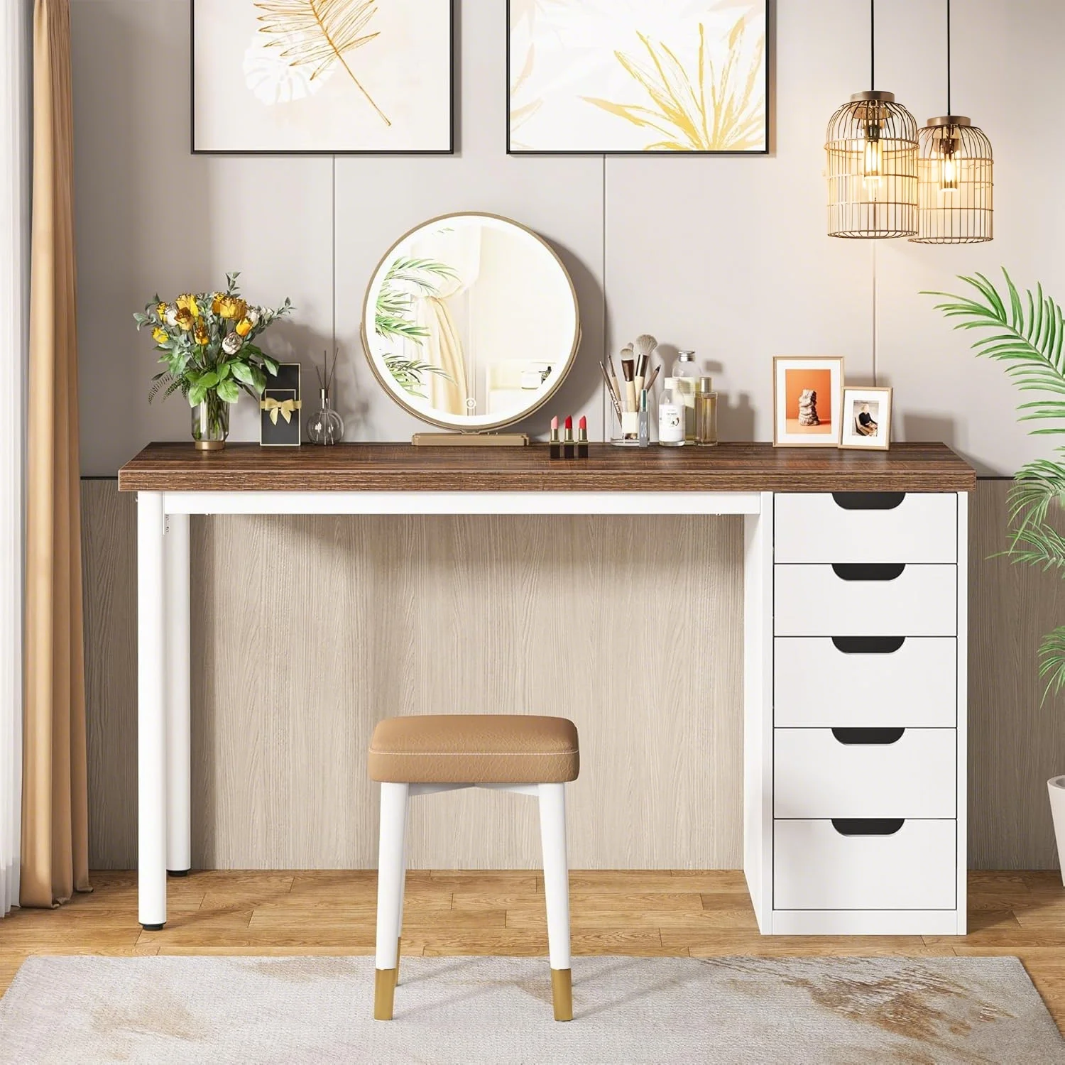 47 inches Vanity Desk with 5 Drawers, Rustic Makeup Dressing Table with Storage, Modern Simple Computer Desk for Women, Girls (Brown)(Brown) - Image 4