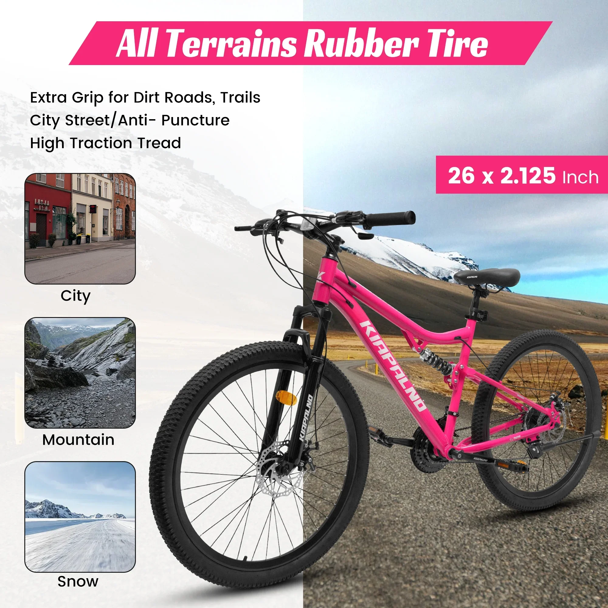 26 Inch Mountain Bike Dual Full Suspension, Shimano 21-Speed Mountain Bicycle with Dual Disc Brakes and Carbon Steel Frame, Trail Beach Snow Commuter City Bike for Adult Men Women, Black