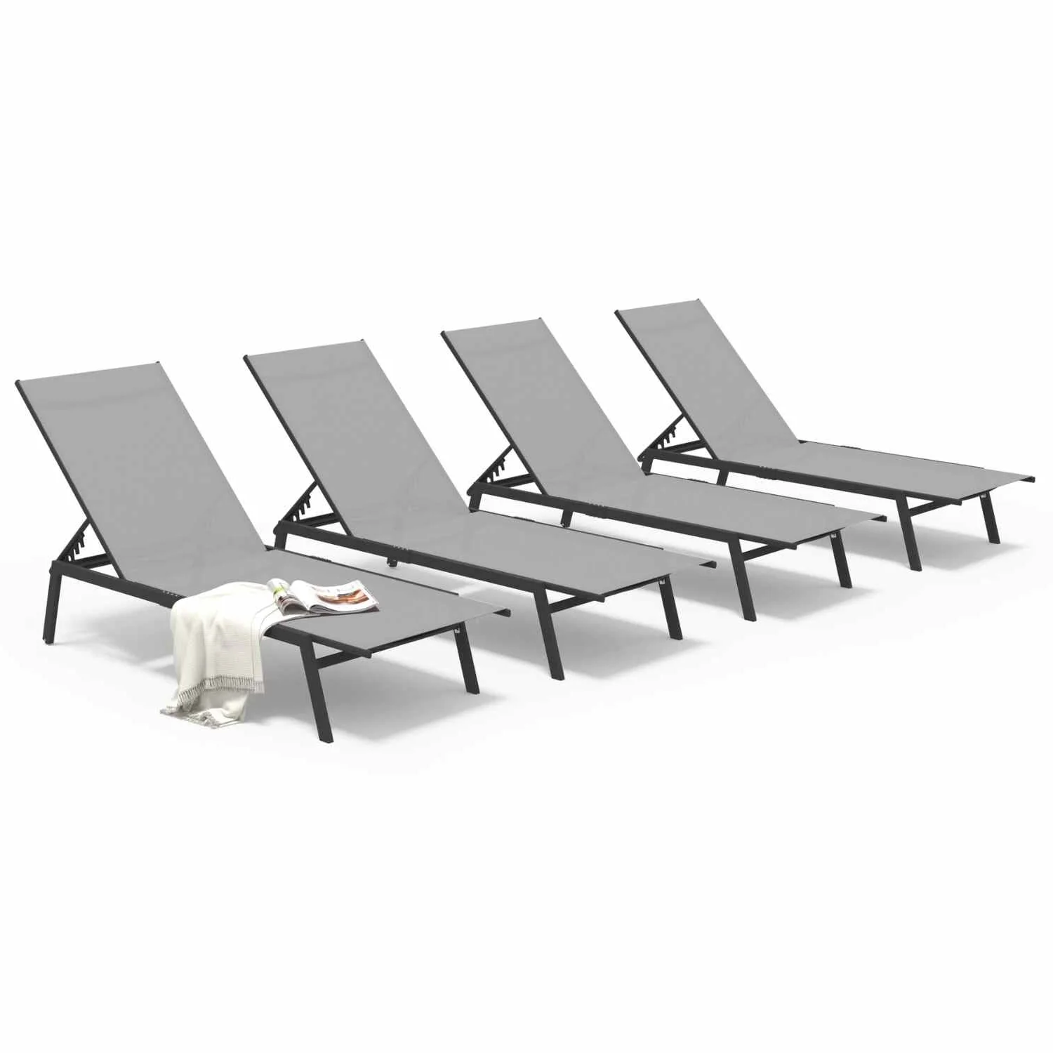 AECOJOY Patio Lounge Chairs, Outdoor Chaise Lounge with Wheels, Dark Grey, 4PCS