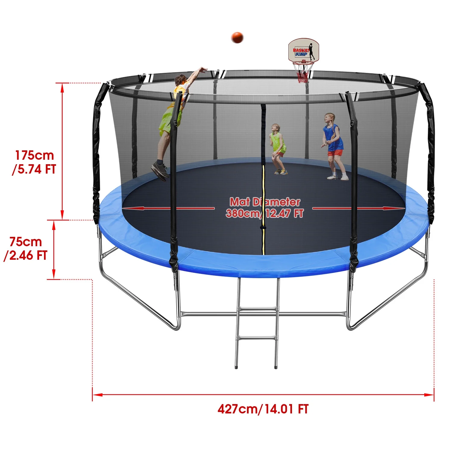 14FT Trampoline for Kids, Trampoline with Basketball HoopSafety Enclosure Net, 880LBS Capacity 4 Kids, Waterproof Mat and Ladder, Outdoor Backyard Trampoline - Image 2
