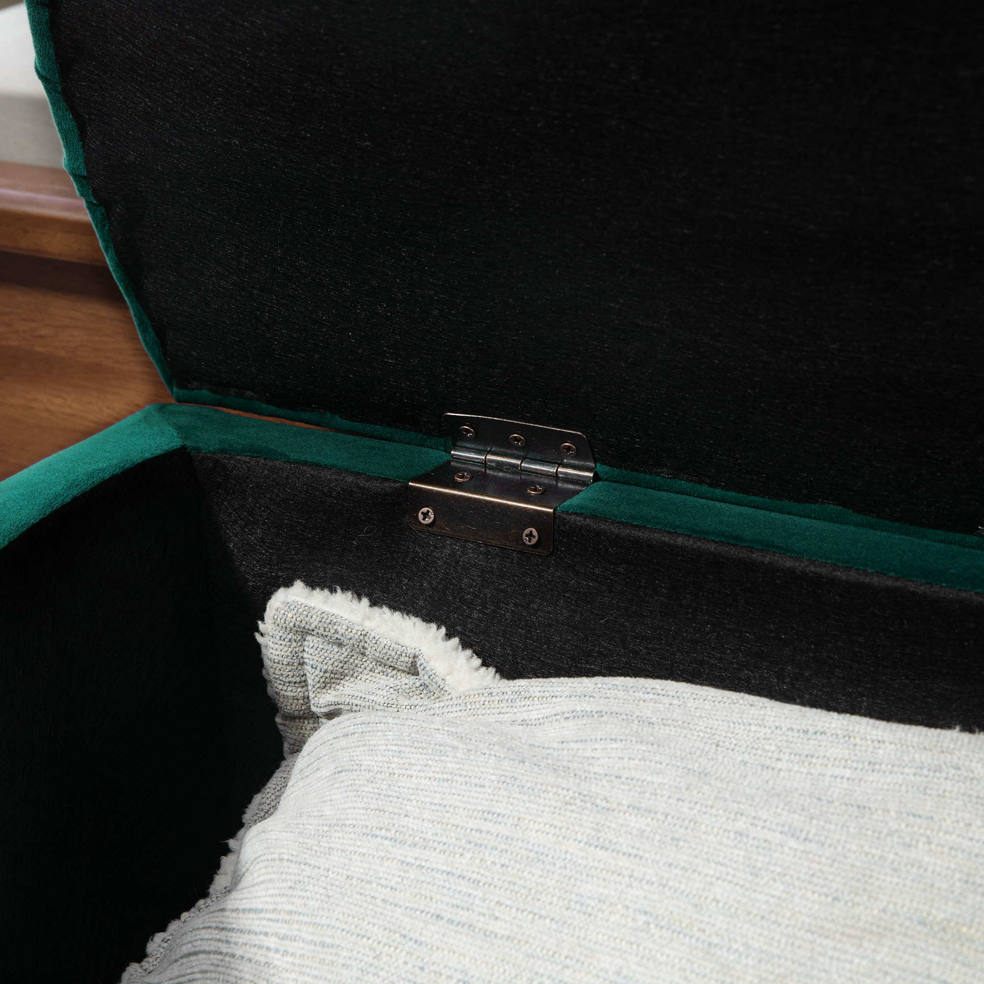 HOMCOM Kruk met Opbergruimte, 2-in-1 Poef, Gepolsterd, Fluwelen Bekleding, Hydraulische Dempers, 120 x 46 x 42 cm, Donkergroen