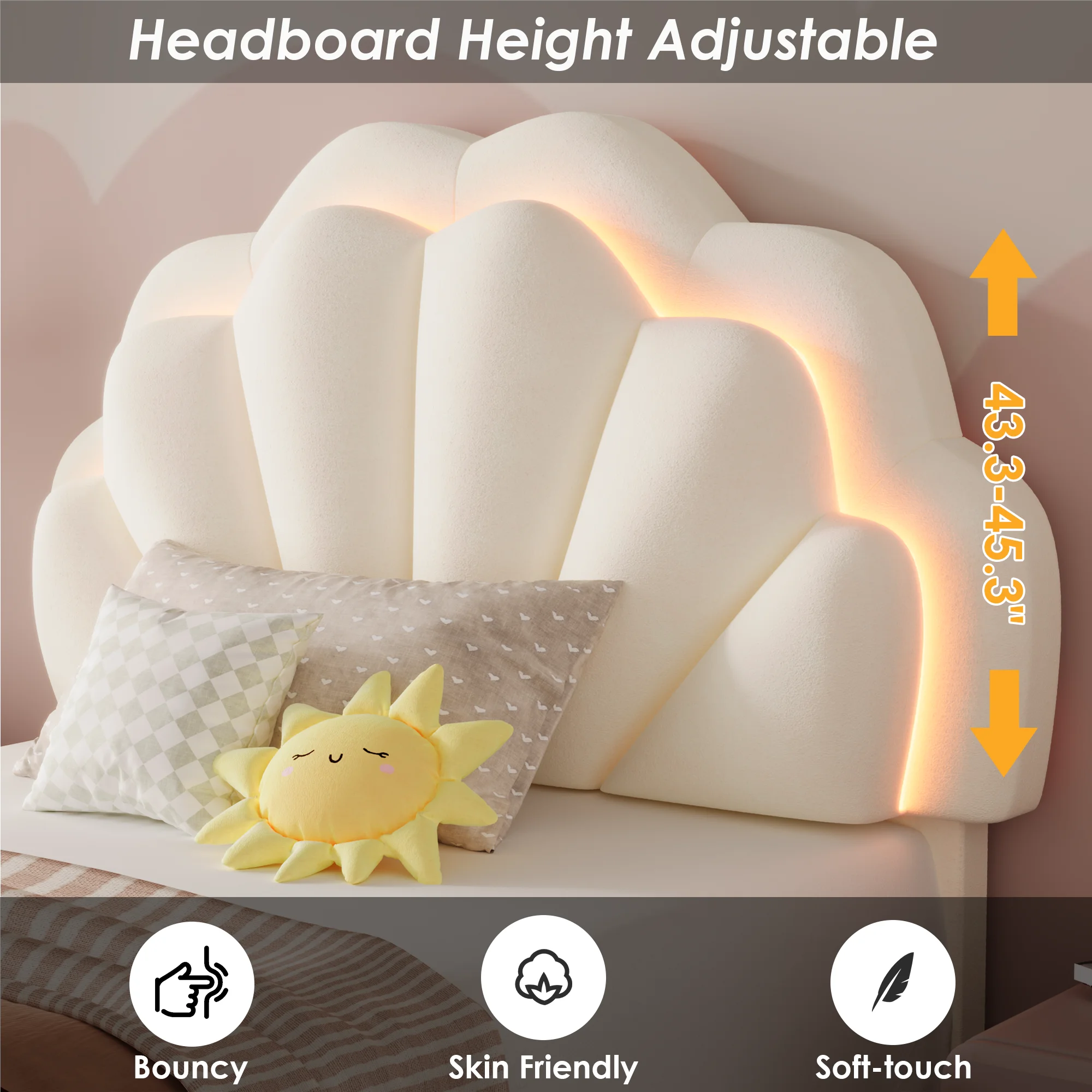Twin Bed Frame with Storage LED Light, Velvet Upholstered Platform Twin Bed with Adjustable Petal Headboard, Beige(Twin/Beige) - Image 7