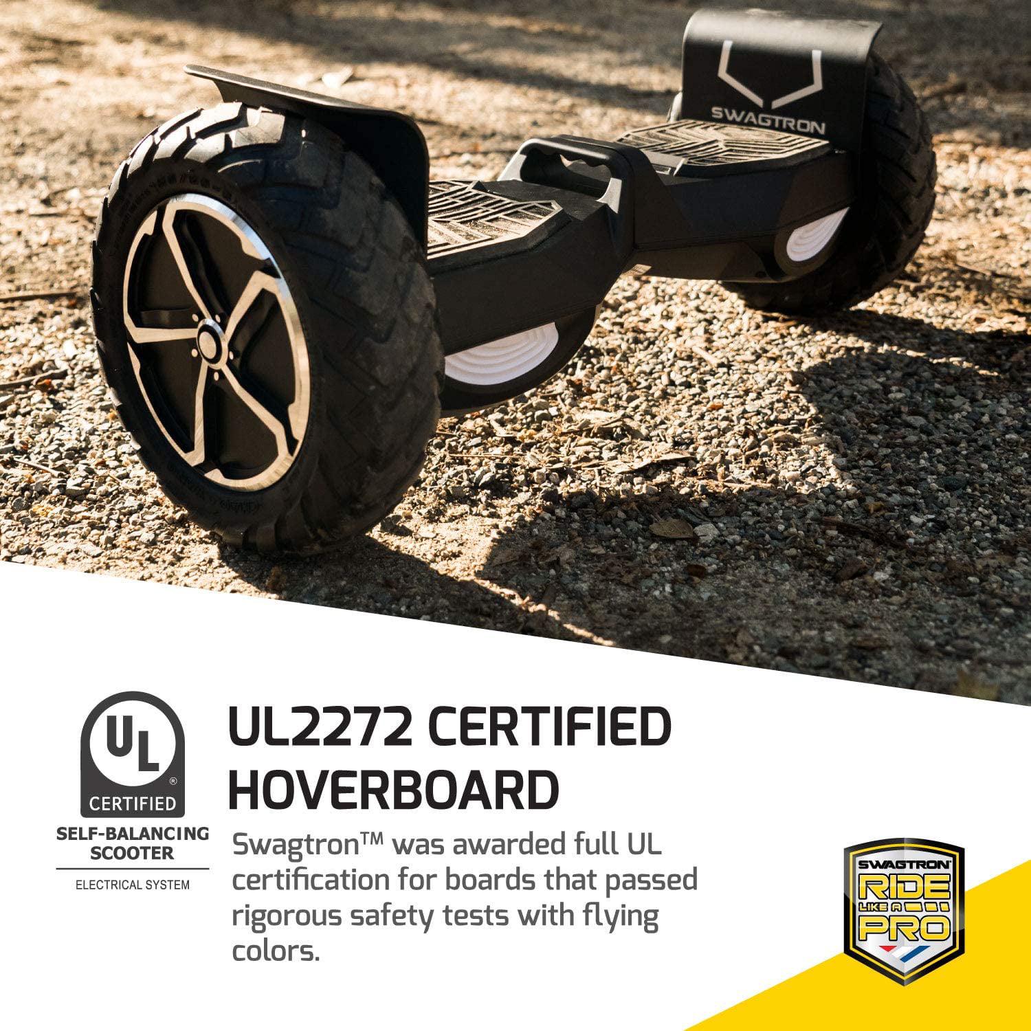 Swagtron Off - Road T6 Hoverboard. 420 lb Weight Limit. Black. Bluetooth Speaker. 10 in Wheel 12 Mph UL - Compliant