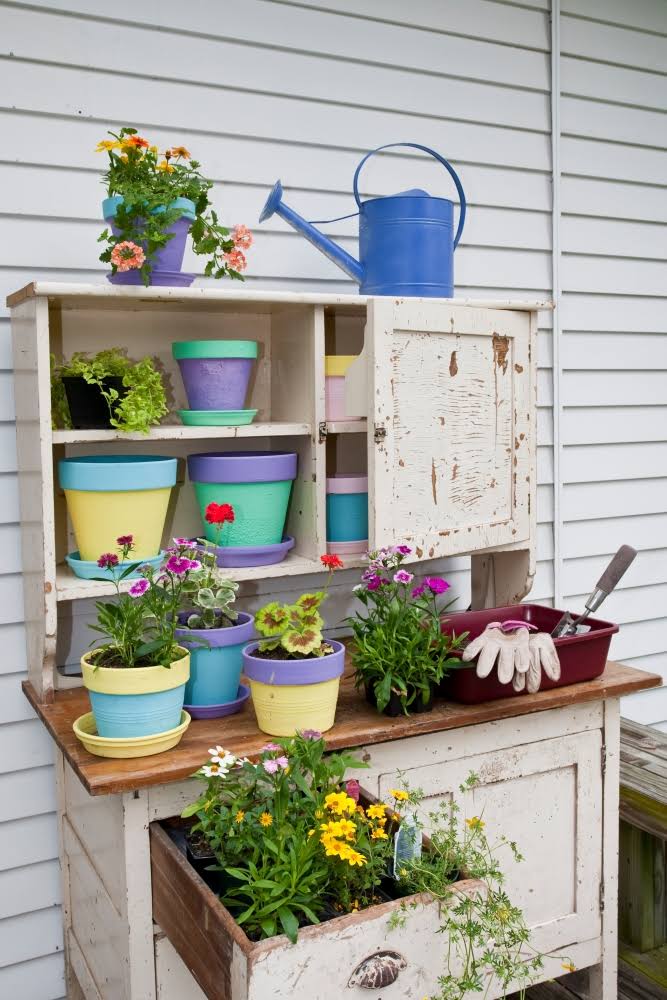 Made4Fun Potting Bench with Containers & Flowers Marion County Illinois USA Poster Print, 24 x 36 - Large