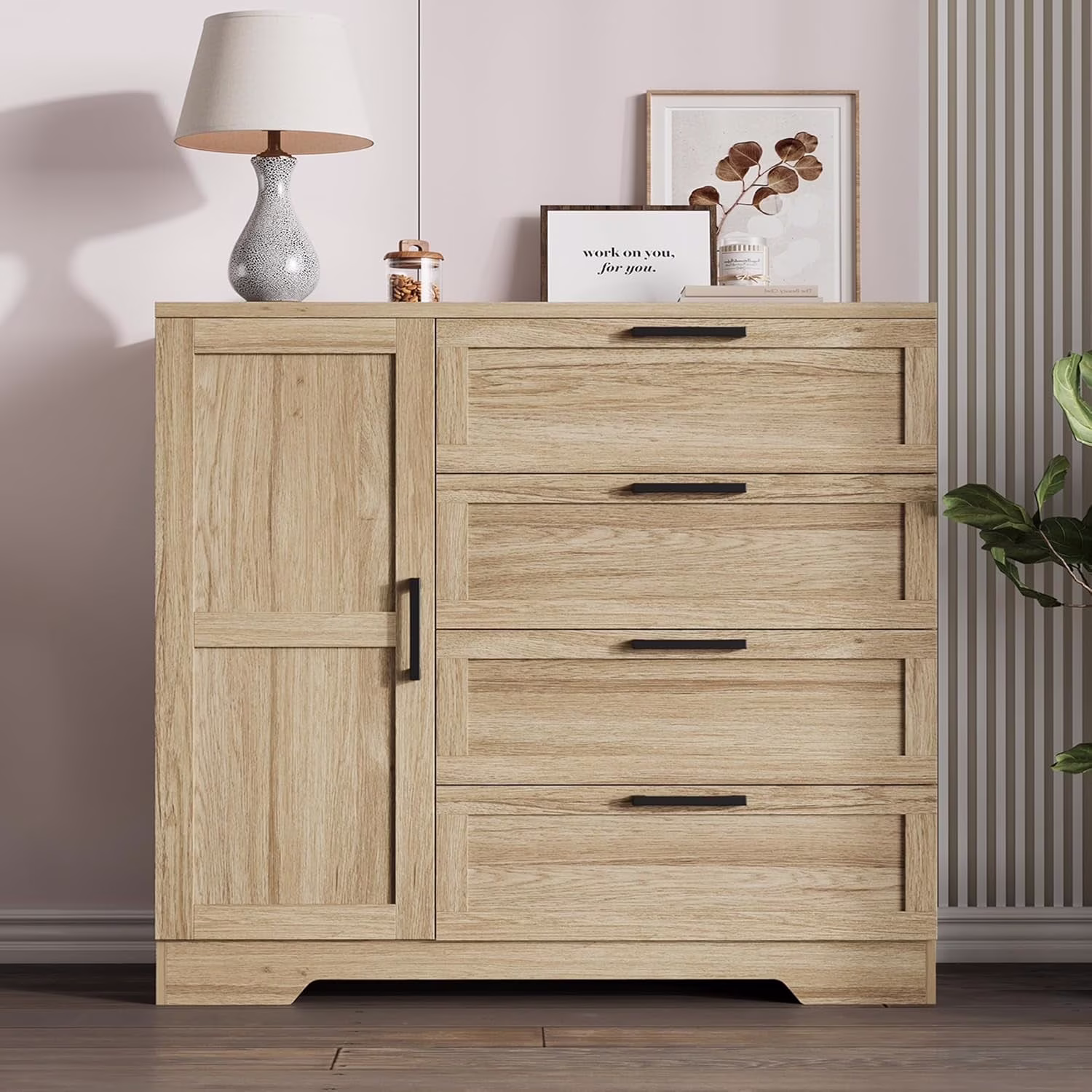 43.3" H Armoire Wardrobe Closet with 4 Drawers Hanging Rod, Multifunctional Wood Storage Cabinet for Bedroom, Natural Oak(Natural Oak)