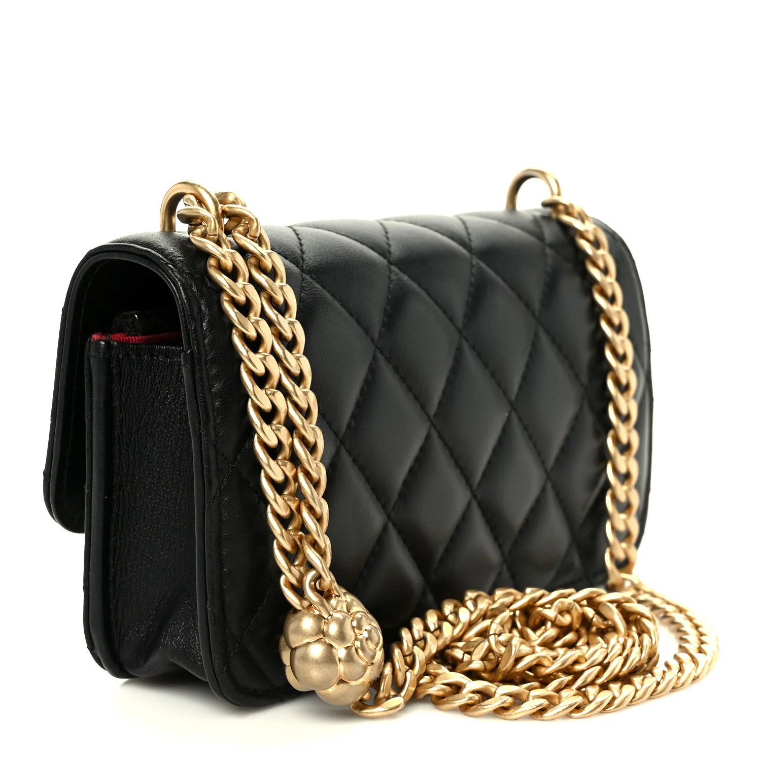 Lambskin Quilted Sweet Camellia Flap Phone Holder With Chain Black