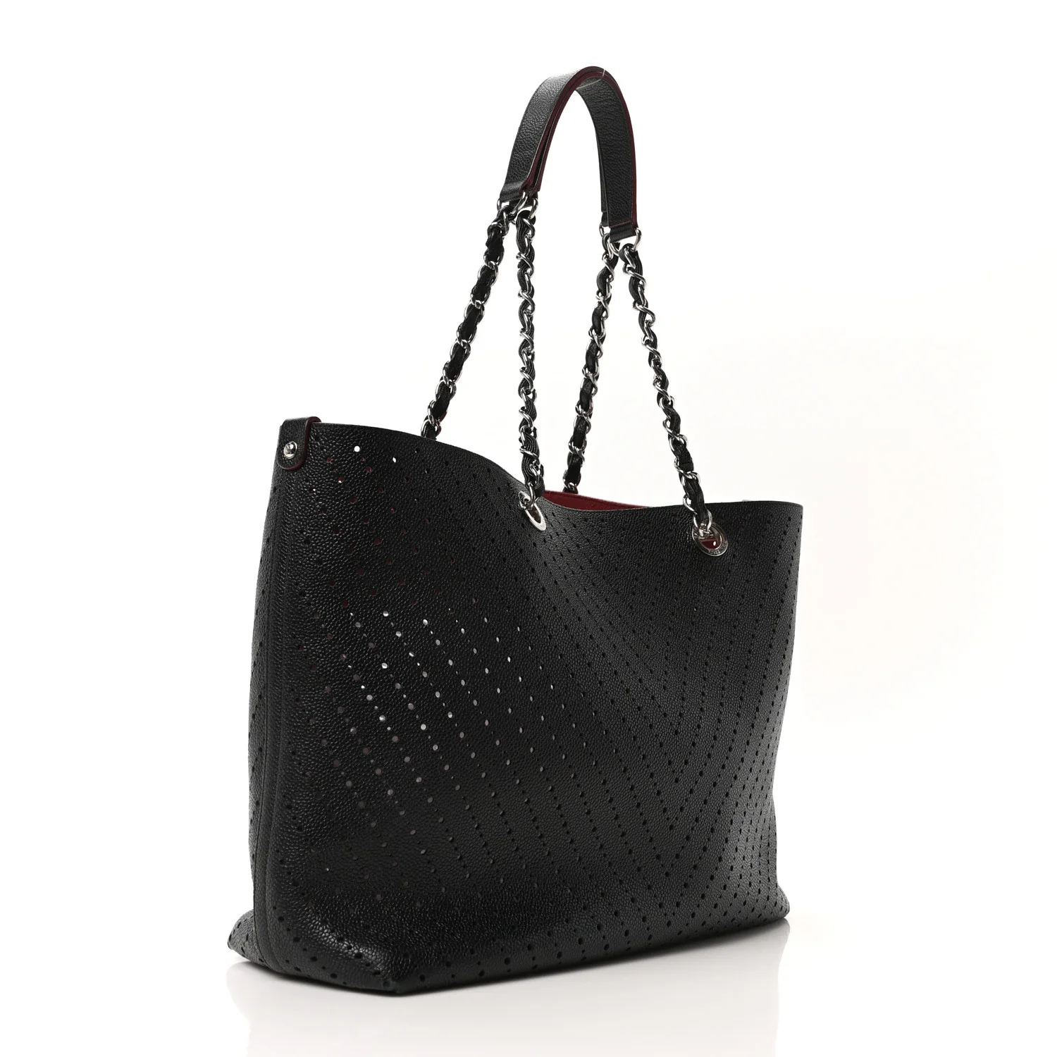 Perforated Grained Calfskin Large Shopping Tote Black
