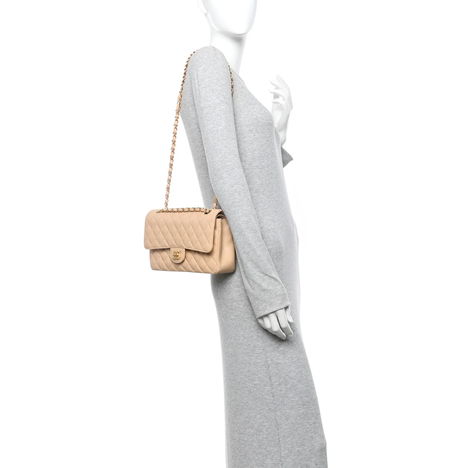 Caviar Quilted Medium Double Flap Beige