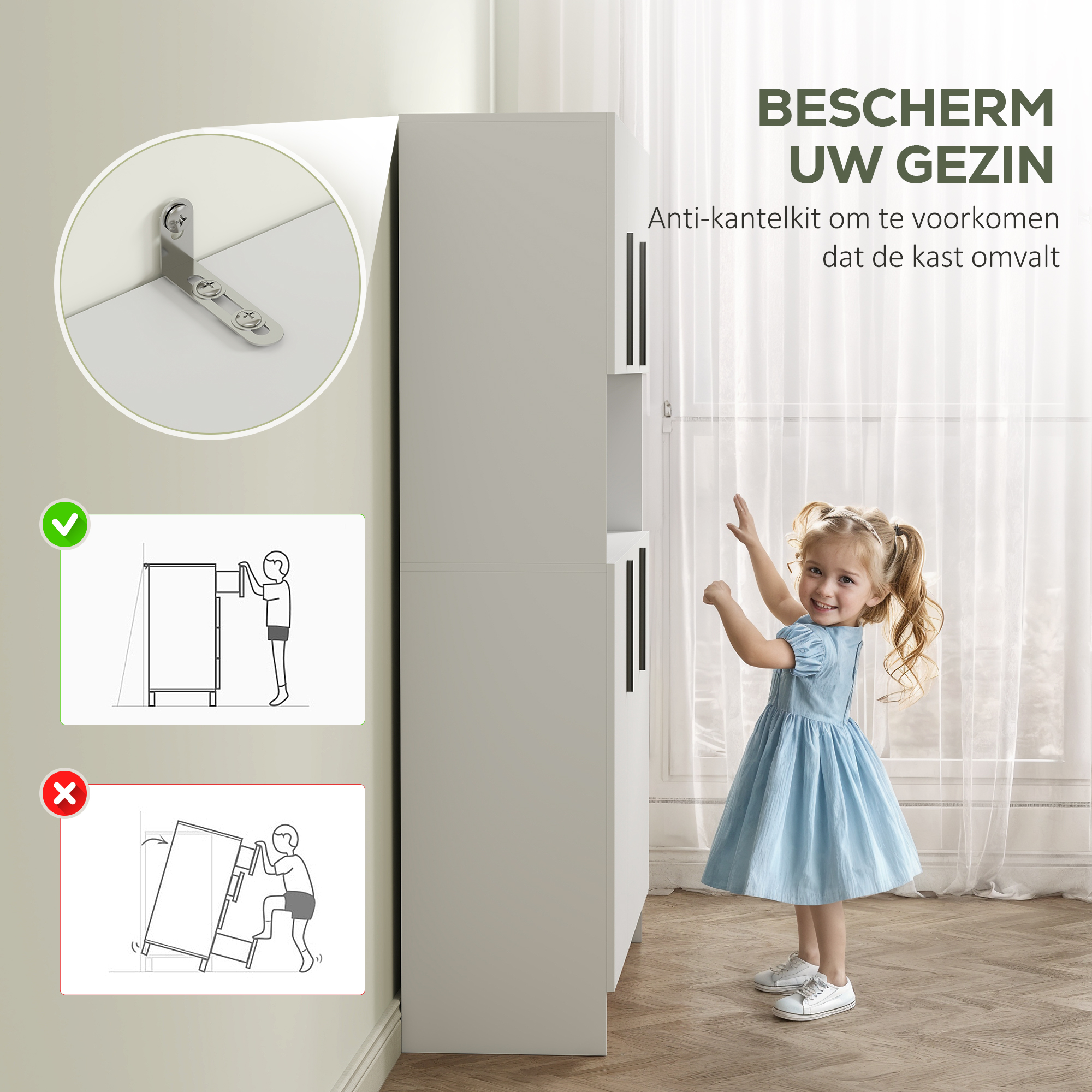 HOMCOM Keukenkast, 4 Kasten, 6 Deuren, 12 Scharnieren, Werkblad, Spaanplaat, Wit