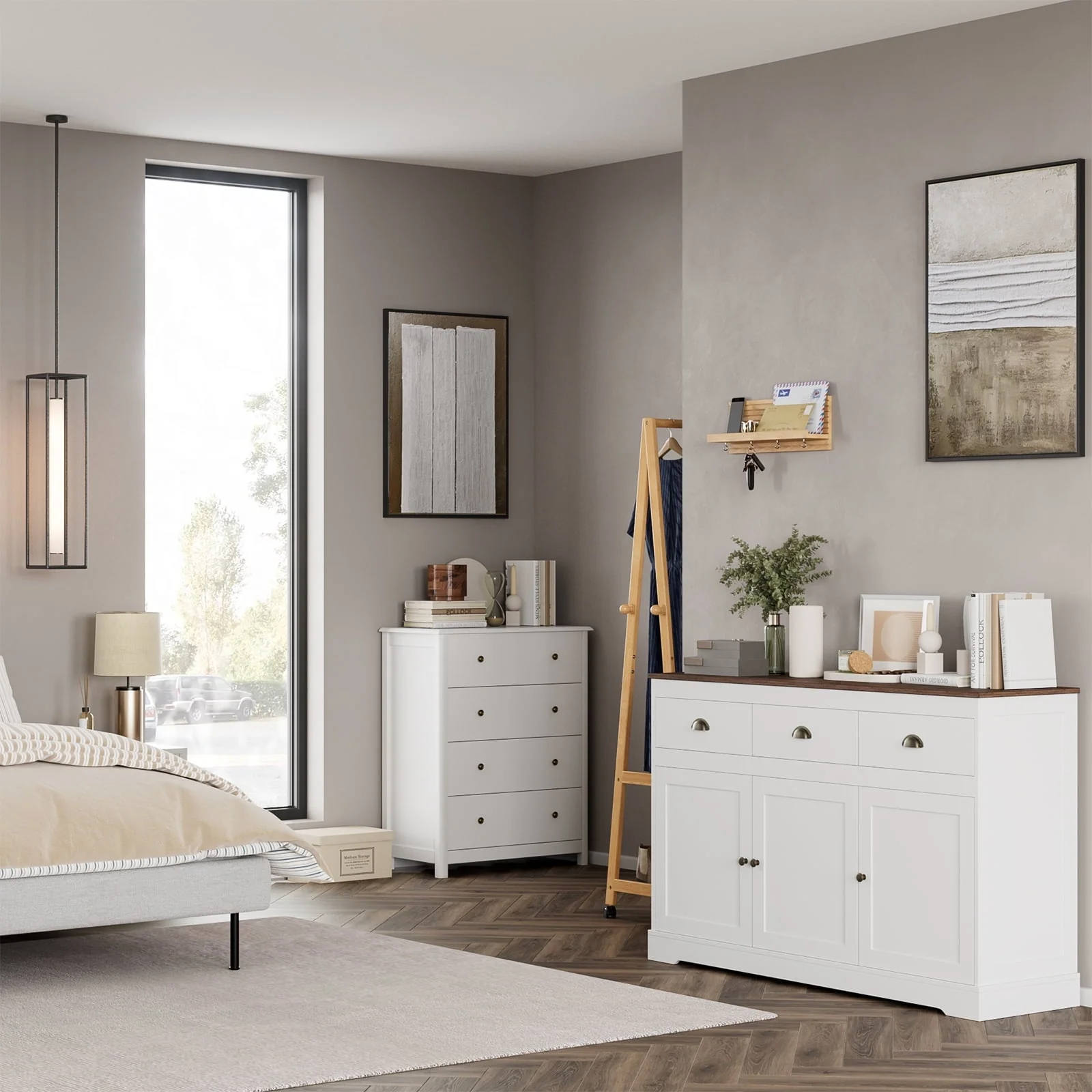 Homfa Sideboard Storage Cabinet with 3 Drawers & 3 Doors, 53.54'' Wide Buffet Cabinet for Dining Room, White