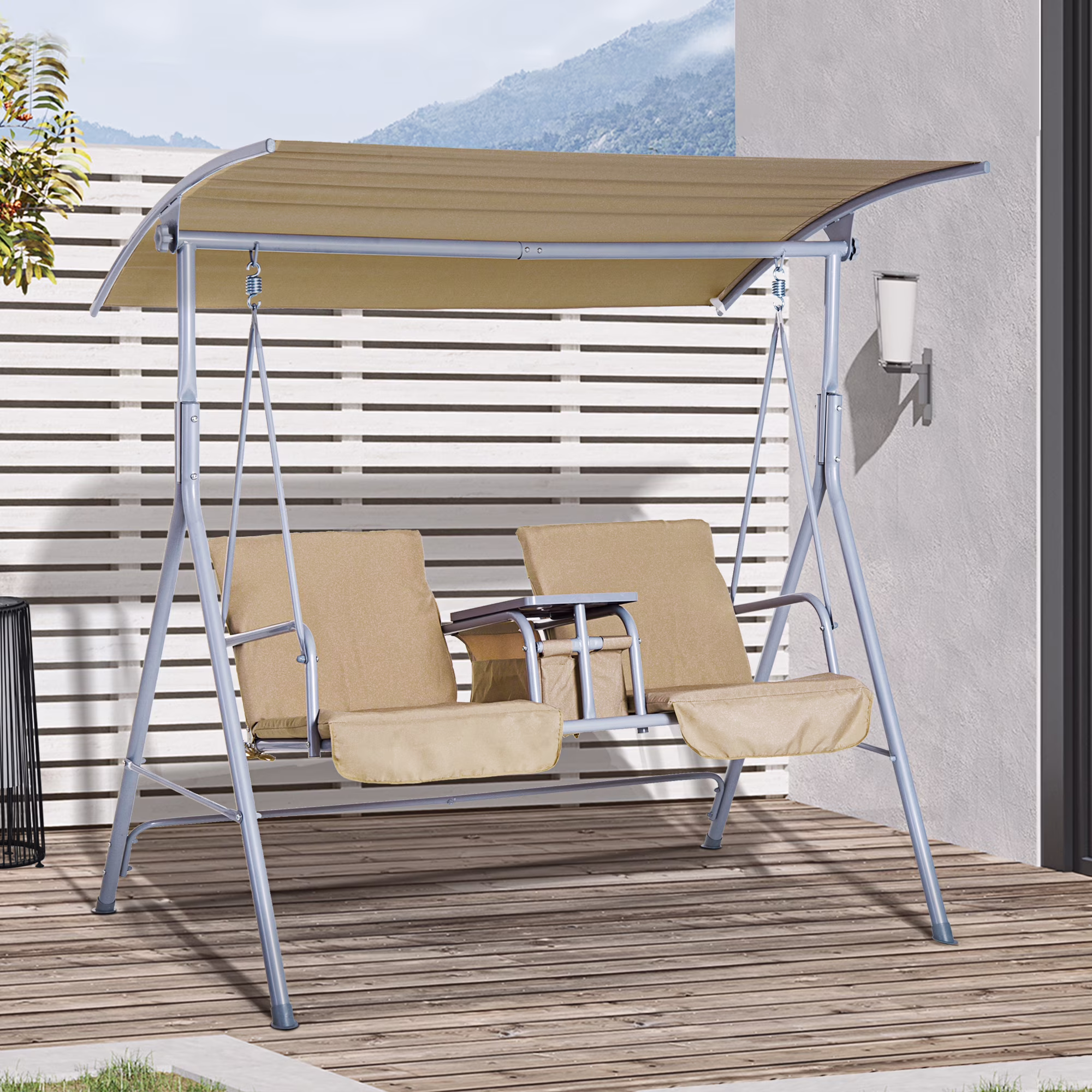 2 Person Porch Swing with Stand, Outdoor Swing with Canopy, Pivot Storage Table, 2 Cup Holders, Cushions for Patio, Backyard, Dark Blue(Dark Blue) - Image 3
