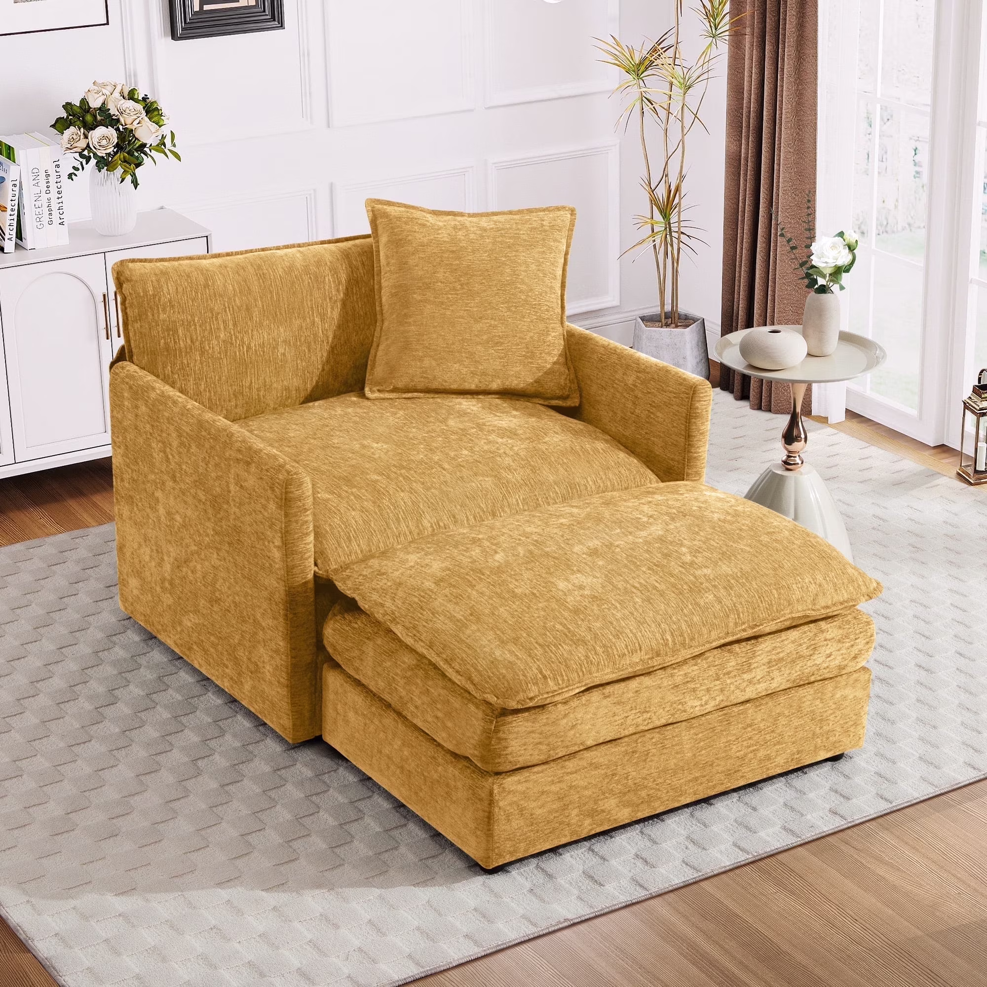 Oversized Lounge Chair with Ottoman, Cloud Accent Armchair for Living Room, Beige Chenille(Beige Chenille) - Image 5