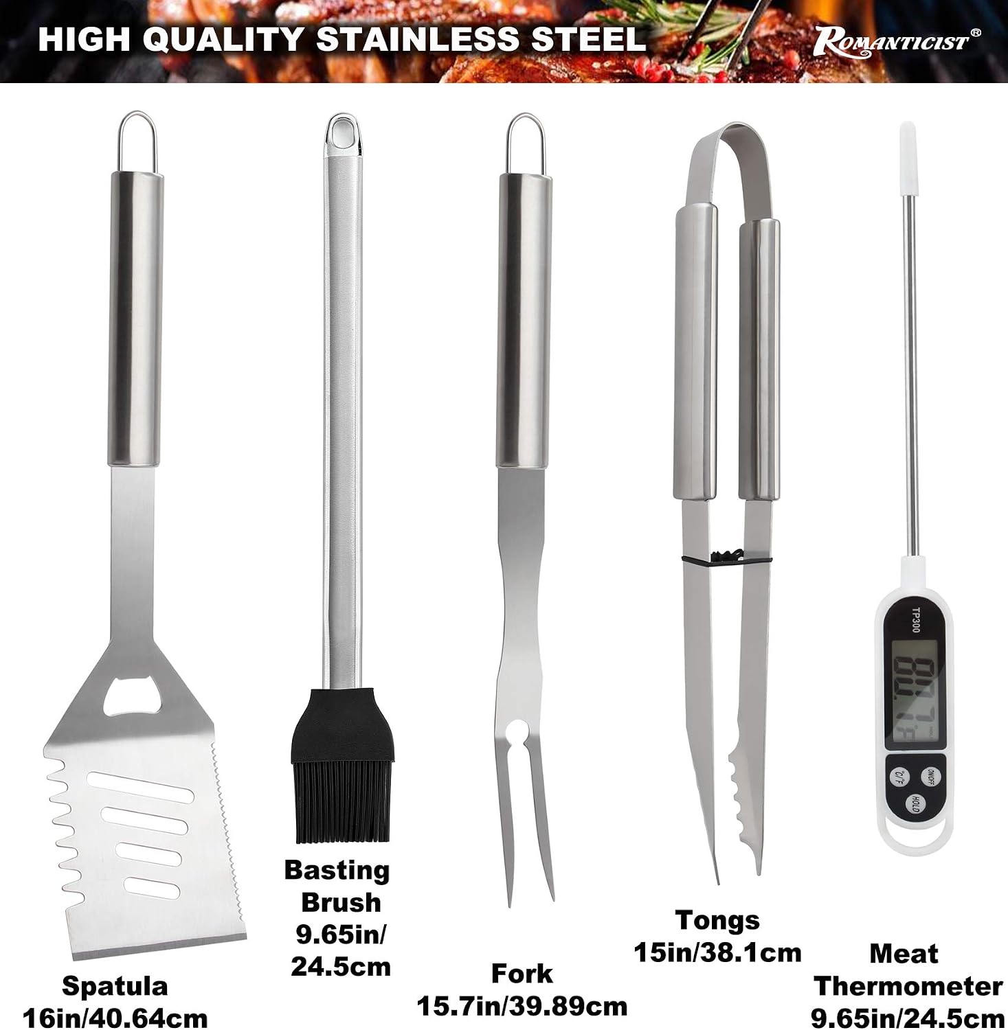 ROMANTICIST 28pcs BBQ Accessories Set with Thermometer - The Very Best Grill Gift for Birthdays and Weddings - Heavy Duty Stainless Steel Grill Set in Case for Outdoor Cooking, Camping, Grilling, Smoking