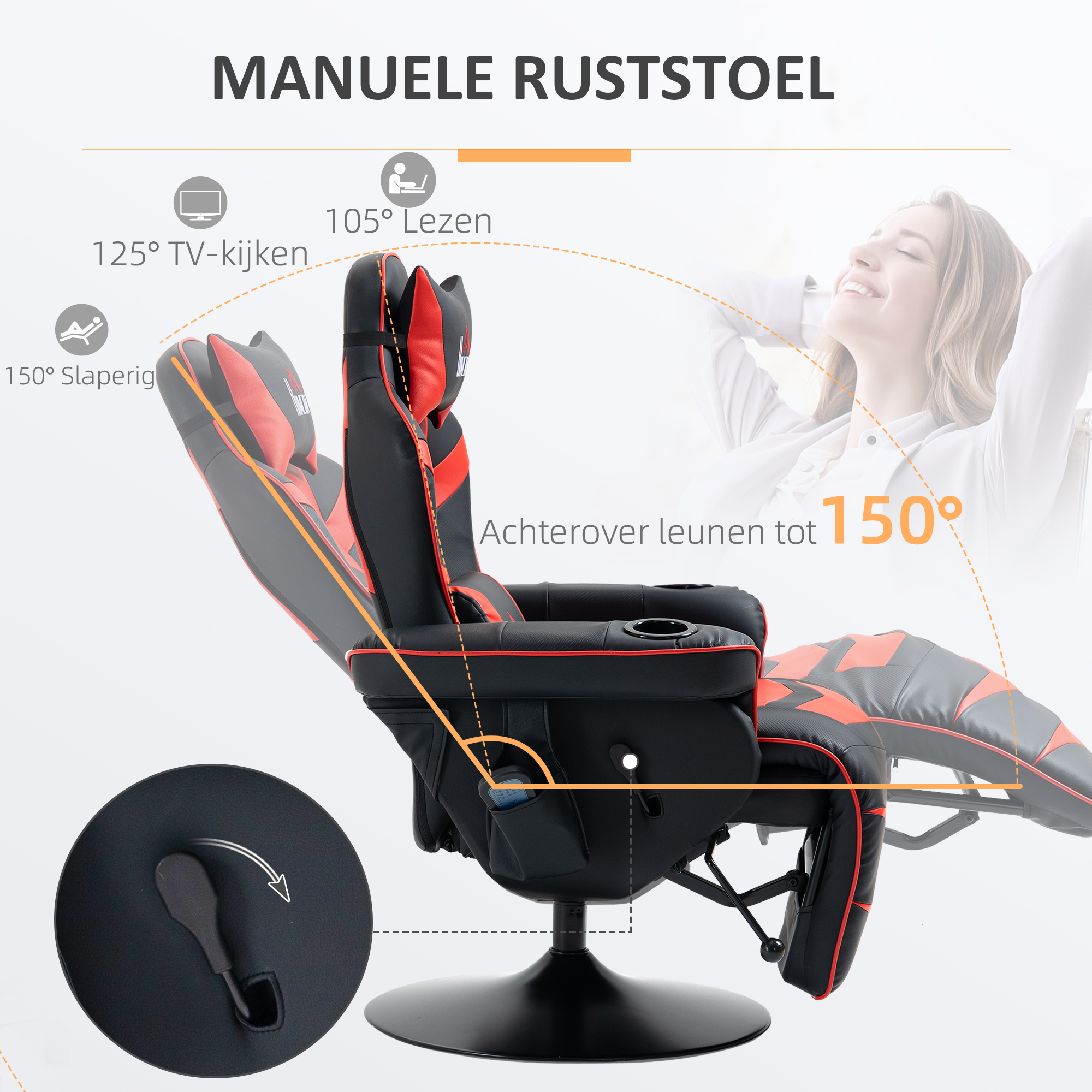 HOMCOM Gaming-stoel met massagefunctie, inclusief voetensteun, ligfunctie, rood + zwart.