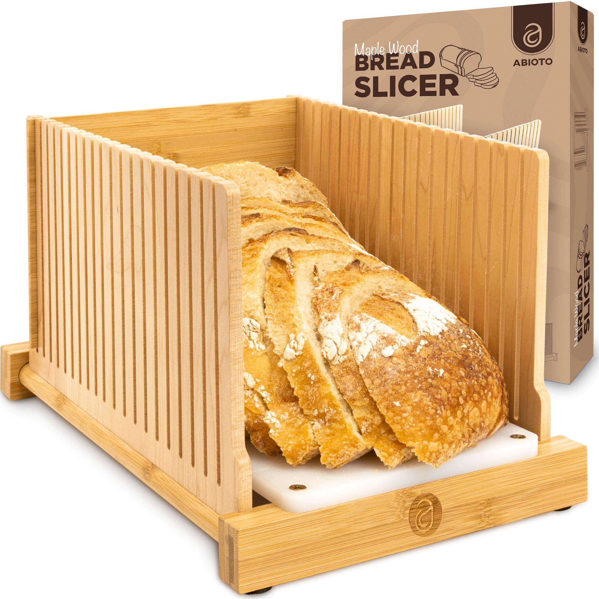 ABIOTO Bread Slicer for Homemade Bread - No Splinters with HDPE Base and Maple Fingers 4 Different Thicknesses for Uniform and Consistent Slices - F