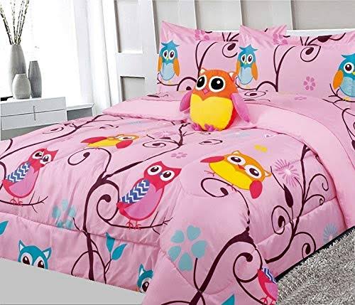 Sapphire Home 4pc Full Size Kids Girls Teens Comforter Set w/2 Shams & Decorative Toy Pillow, Owl Branch Print Pink Yellow Turquoise Girls Kids
