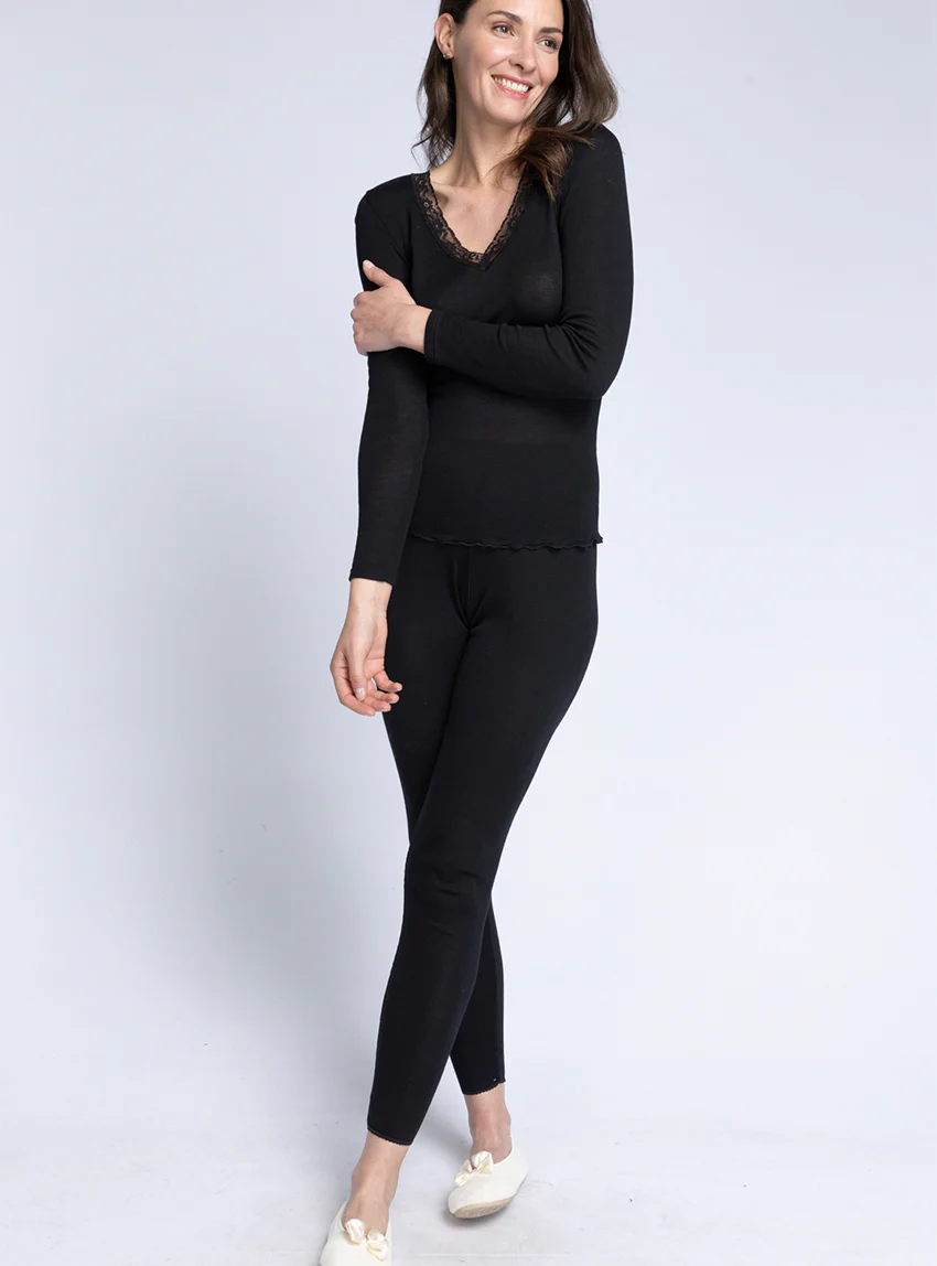 Tee-shirt manches longues femme laine et soie fine broderie noir