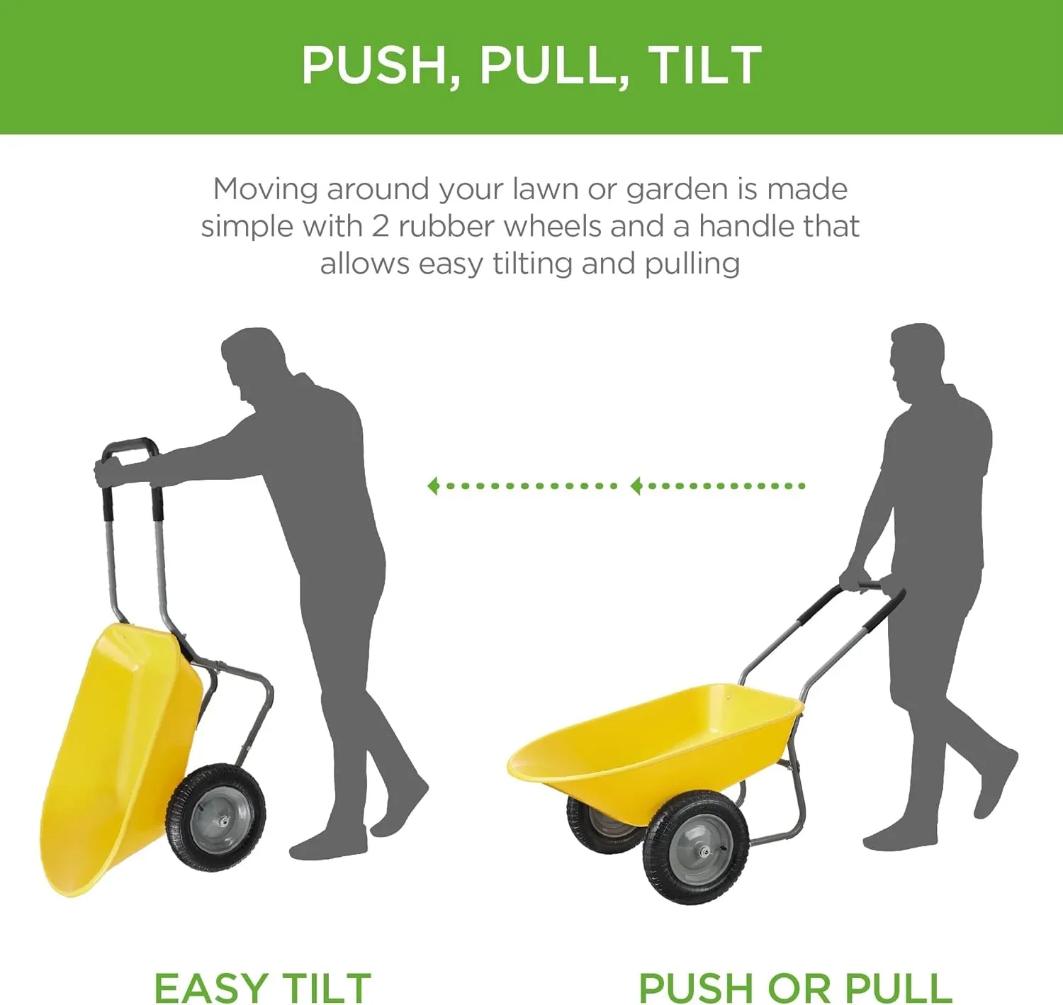 SAZYY Heavy-Duty Dual-Wheel Home Utility Yard Wheelbarrow & Garden Cart with Built-in Stand �C Versatile Solution for Lawn Care, Gardening & Construction Tasks, Gray