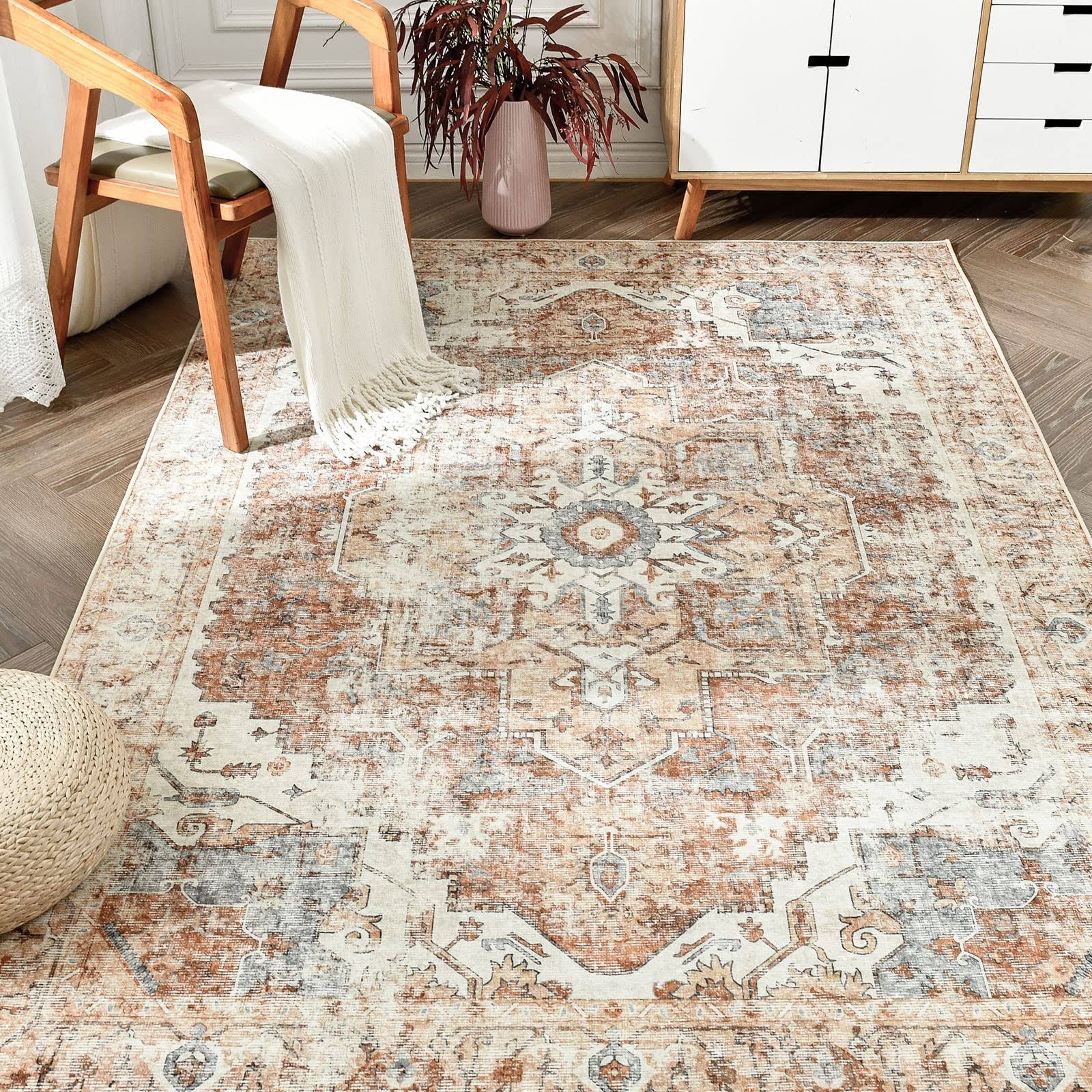 jinchan Area Rug 5x7 Washable Rug Vintage Rug Indoor Floor Cover Print Distressed Carpet Brick Red Multi Thin Rug Chenille Mat Foldable Accent Rug