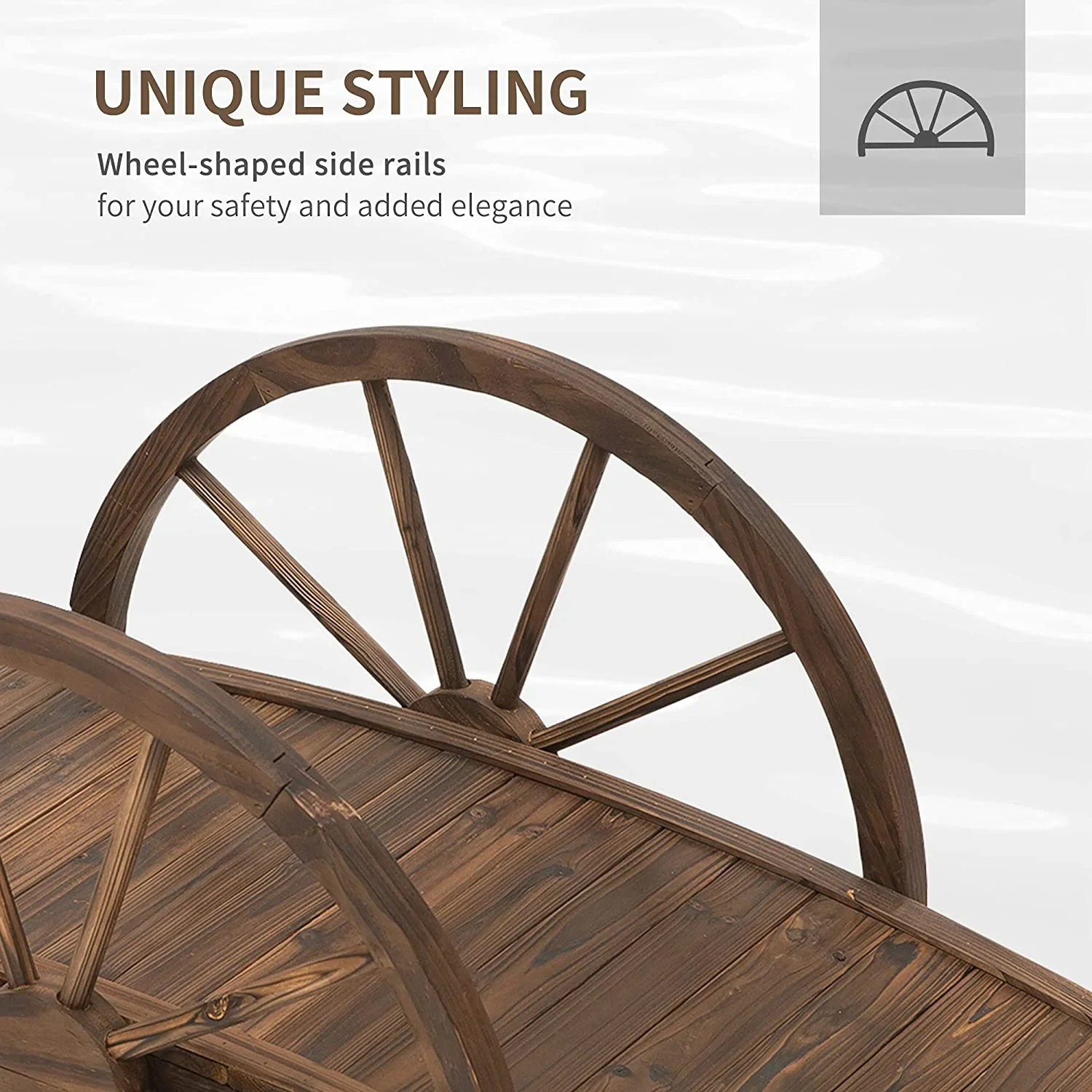 3.3ft Wooden Garden Bridge Arc Footbridge with Half-Wheel Style Railings & Solid Fir Construction, Stained Wood