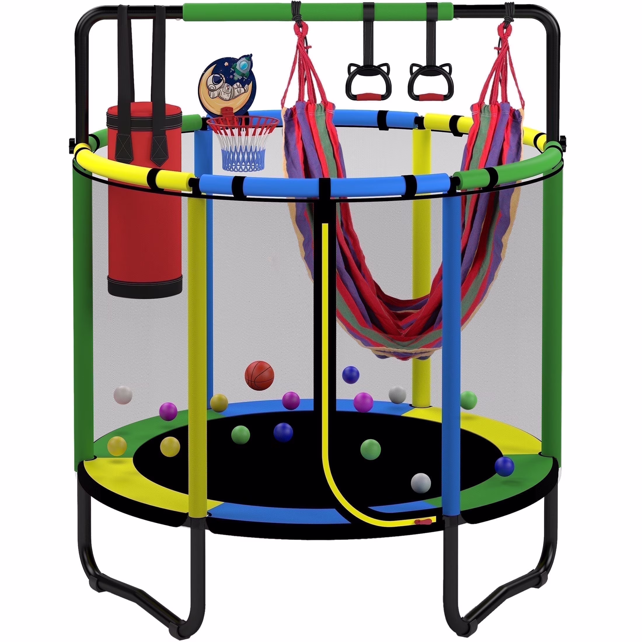 Mini Round Trampoline for Kids with Basketball Hoop, 55'' Indoor Outdoor Toddler Trampoline with Enclosure Net, Swing, Sandbag, Ring, Ocean Balls, Small Trampoline Gift for Boys Girls, Blue(Blue,Red) - Image 5