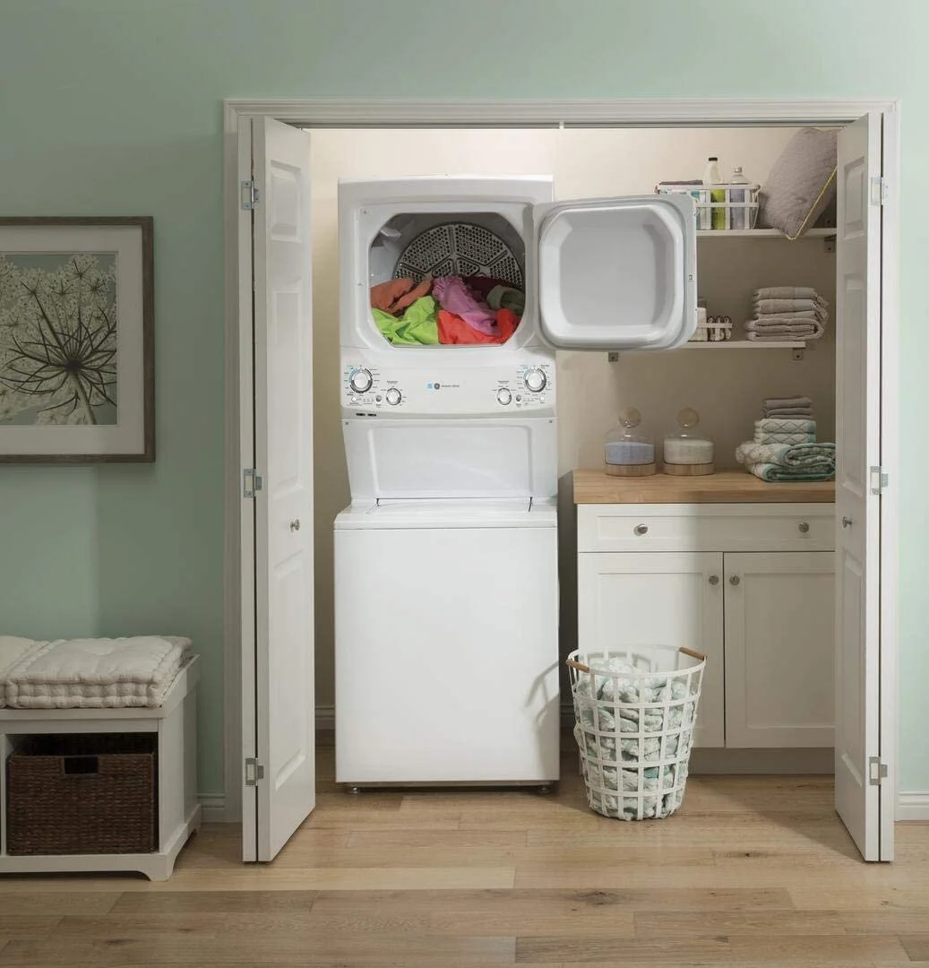 GE Unitized Spacemaker(R) ENERGY STAR(R) 3.9 Cu. Ft. Capacity Washer with Stainless Steel Basket and 5.9 Electric Dryer - GUD27EESNWW