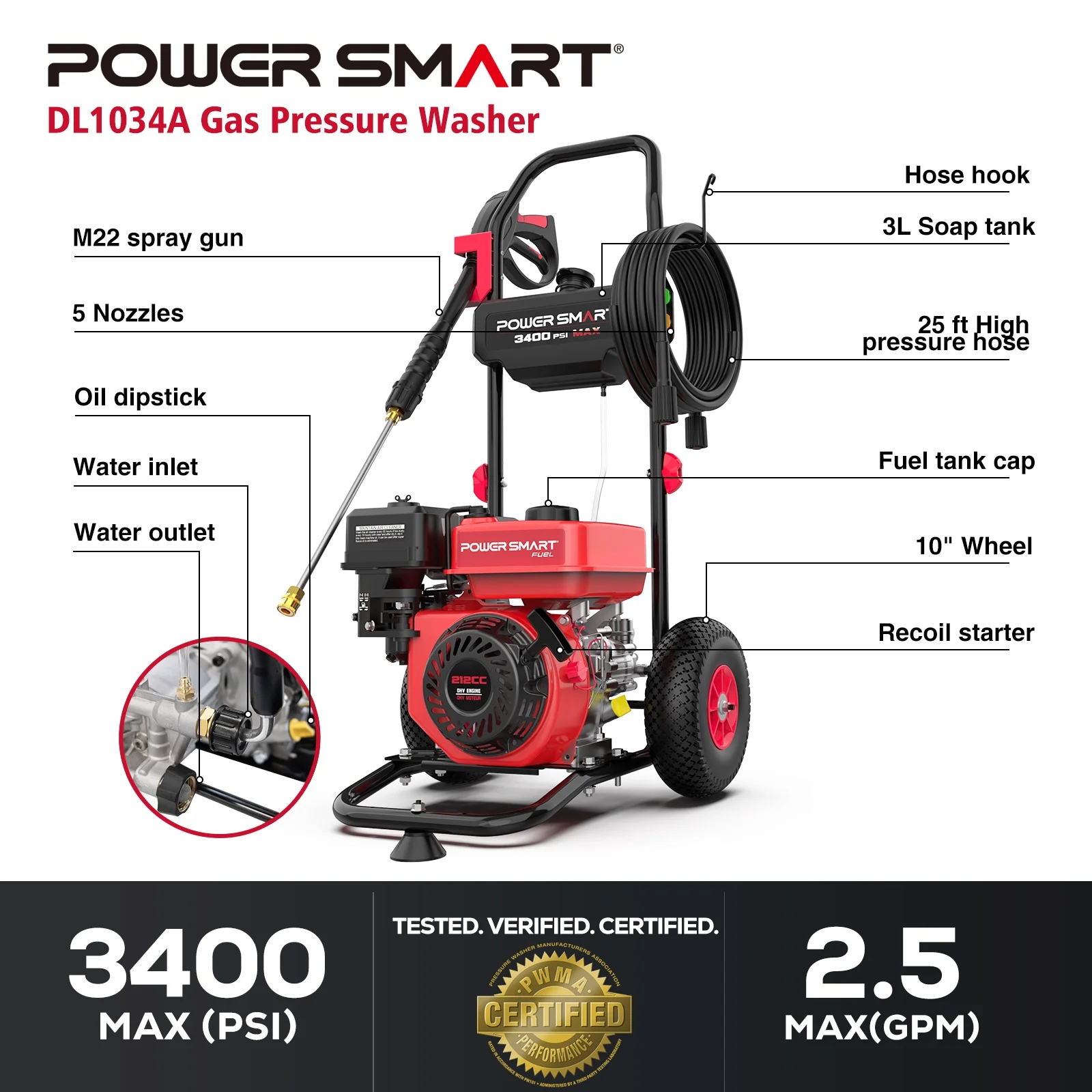 3400PSI Gas Pressure Washer, 212cc Engine 2 5GPM 5 Quick Adjustable Nozzles for Gardens Image 10