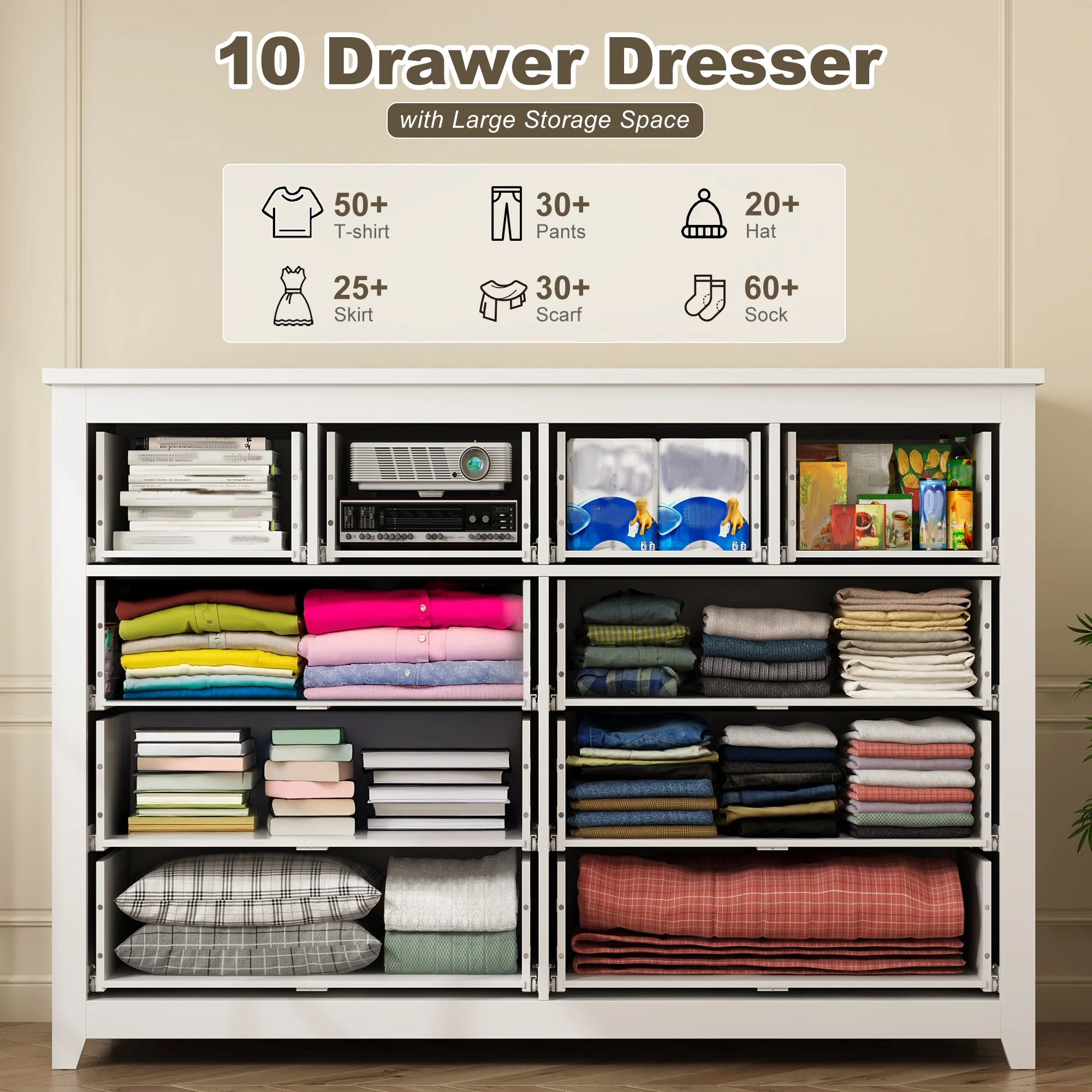 White Dresser for Bedroom with 10 Drawers Modern Wood Dressers Chests of Drawers Wide Dresser for Adults(10 Drawer,White) - Image 2