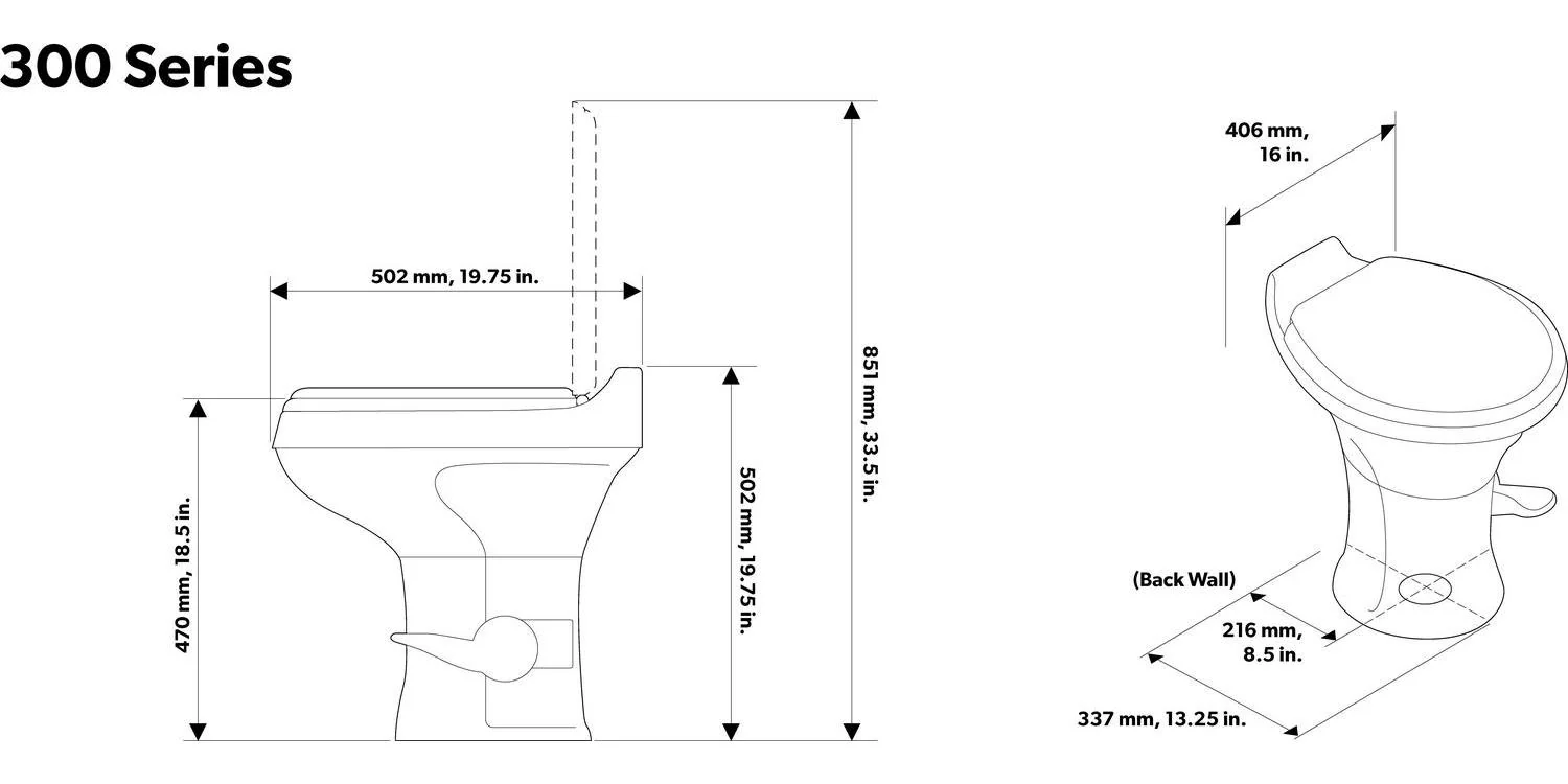 Toilettes pour camping-car Dometic série 300, hauteur standard, en plastique robuste, blanches (réf. 302300071), blanc.