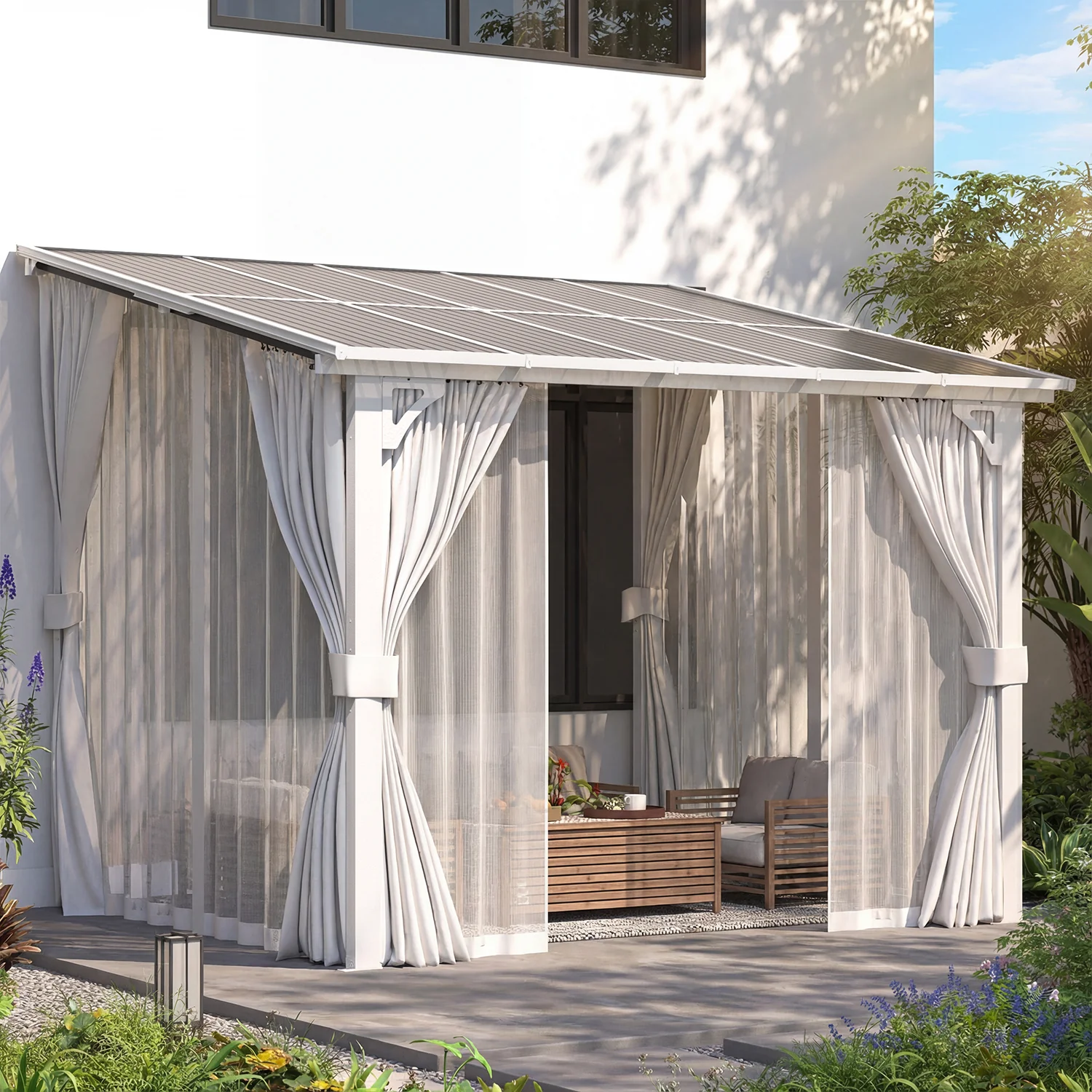 AECOJOY 10'x8' Wall Gazebo with Curtains and Mosquito Netting, White