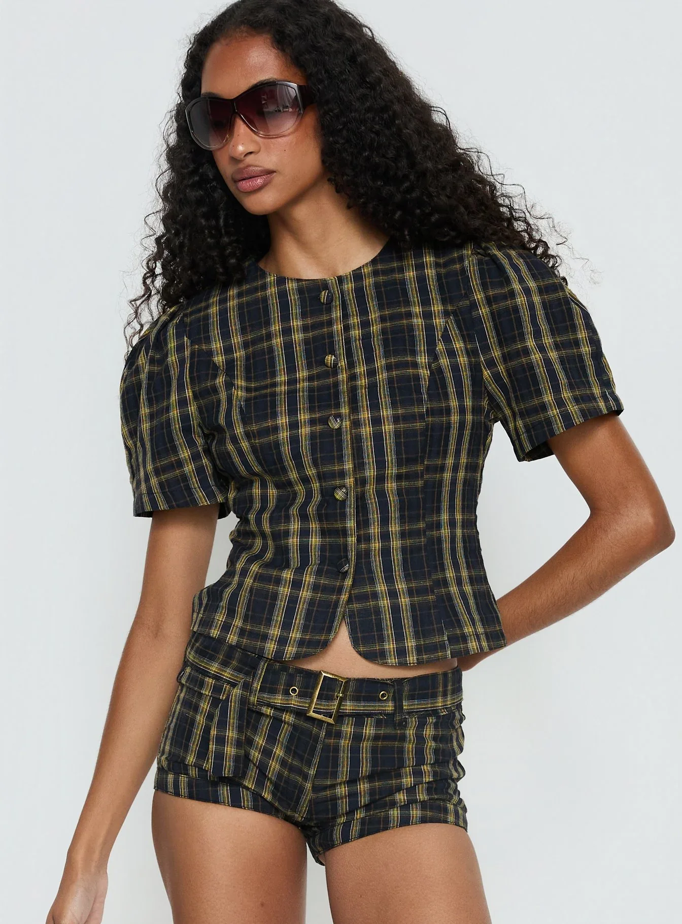 Femme Blouse Top Navy / Lemon Plaid