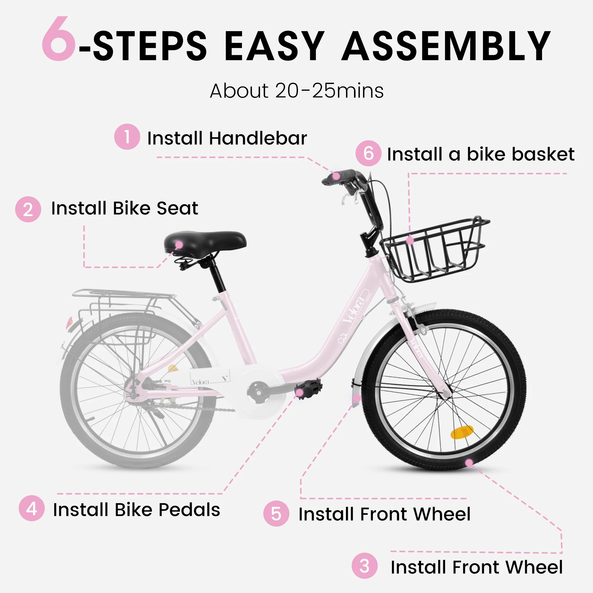 Girls Bike,20 Inch Kids Bike for 5-8 Years Old Children, Princess Style Kids Bicycle Adjustable Seat with Doll-Seat Basket Pink(Pink) - Image 10