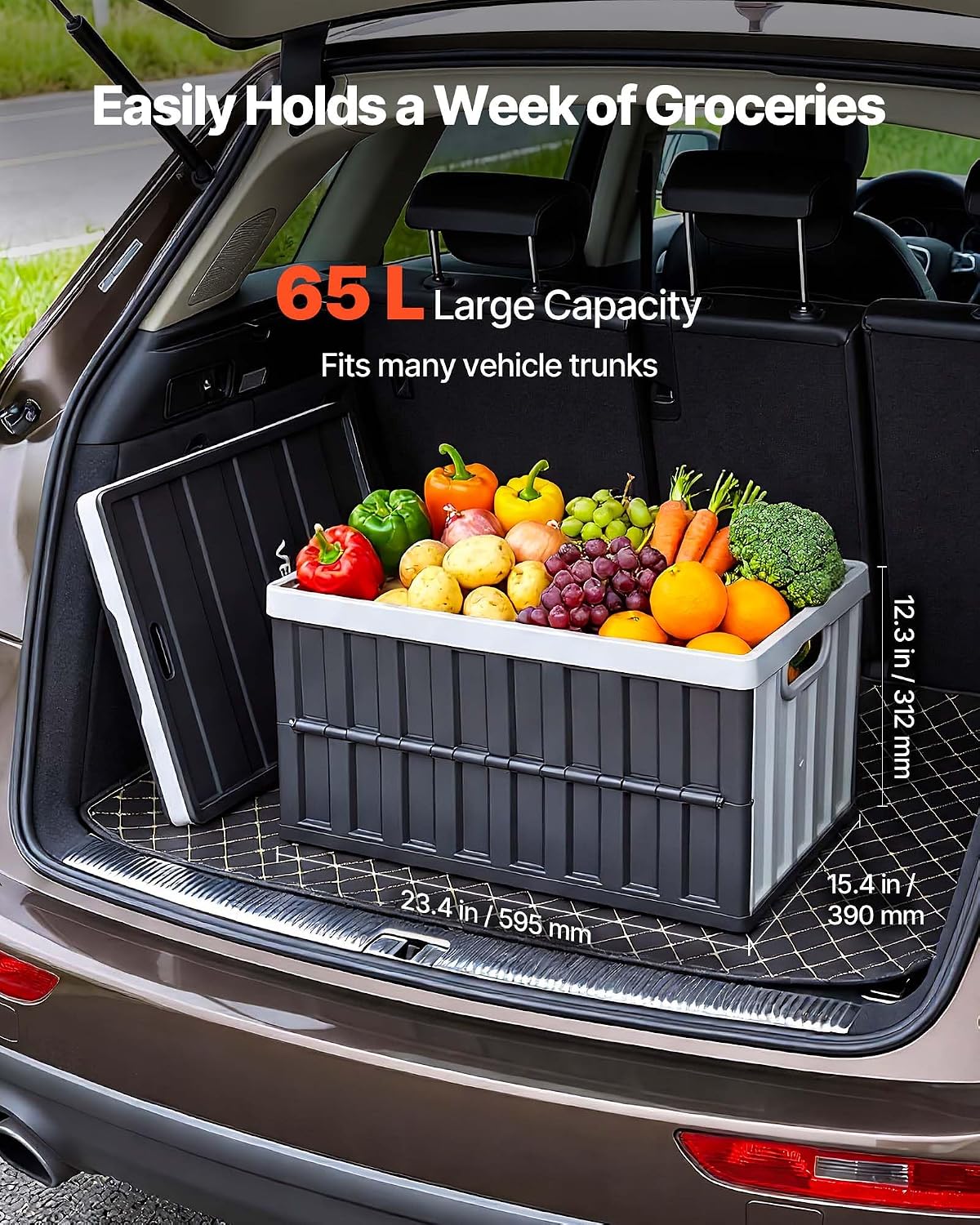 VEVOR Plastic Collapsible Storage Bins with Lids, 65L 3 Packs, Stackable Folding Storage Crates with Handles, Holds 84 lbs Per Bin, Heavy Duty Containers, Space-Saving Baskets, for Home Organization