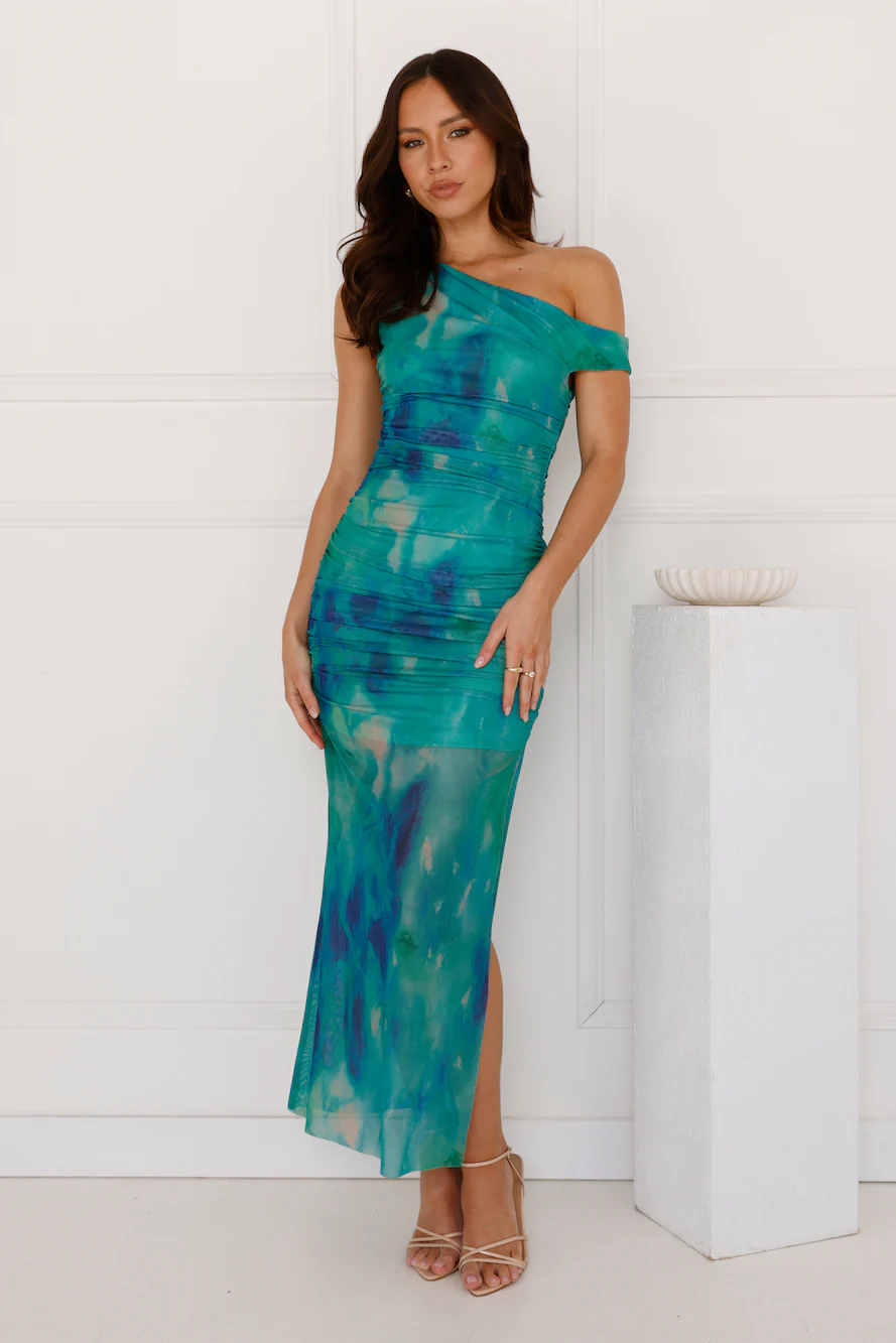 Stories Of Sophistication Off Shoulder Mesh Maxi Dress Green