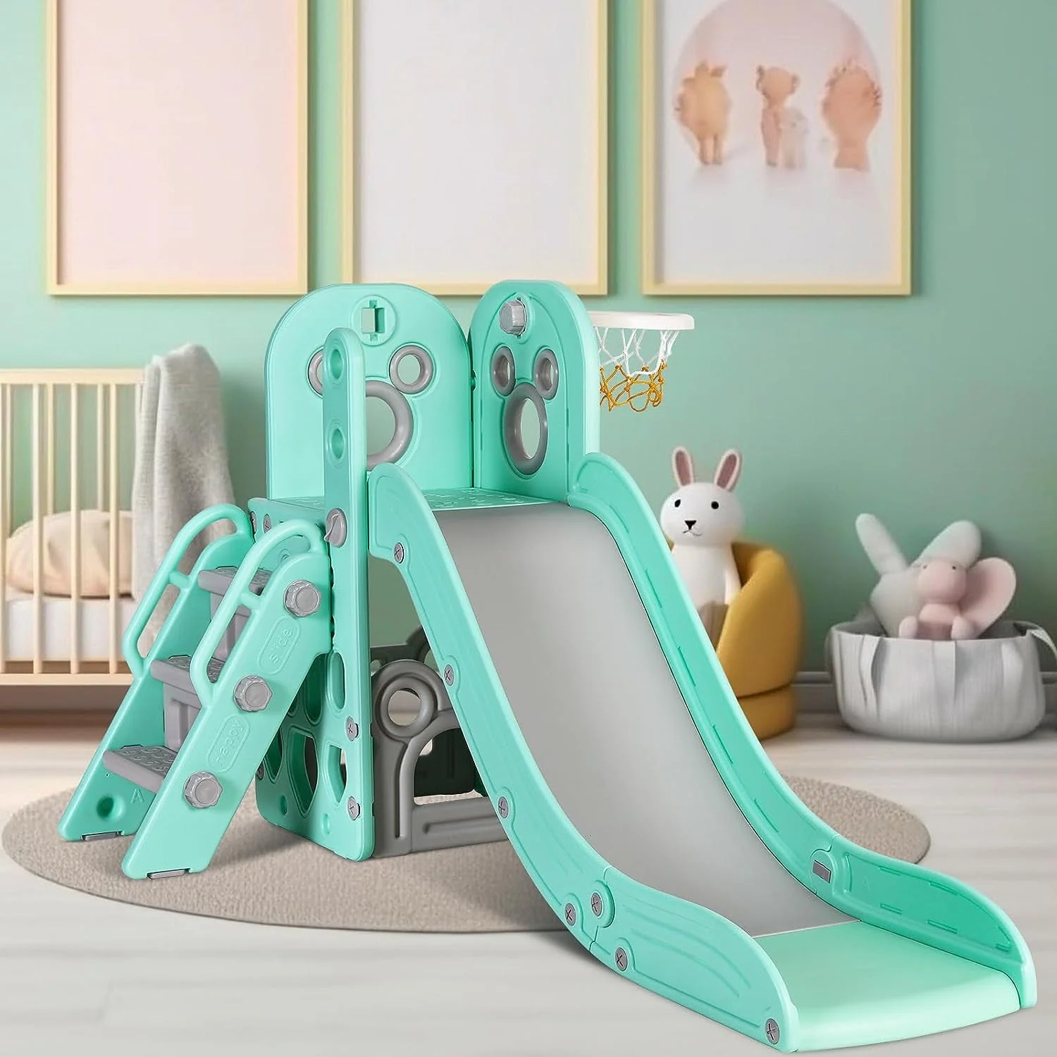 Sturdy Kids Slide, 4 in 1 Toddler Slide and Climber Playset with Basketball Hoop Storage Space, Non Slip Steps, Indoor Outdoor Toys for Boys Girls Image 6