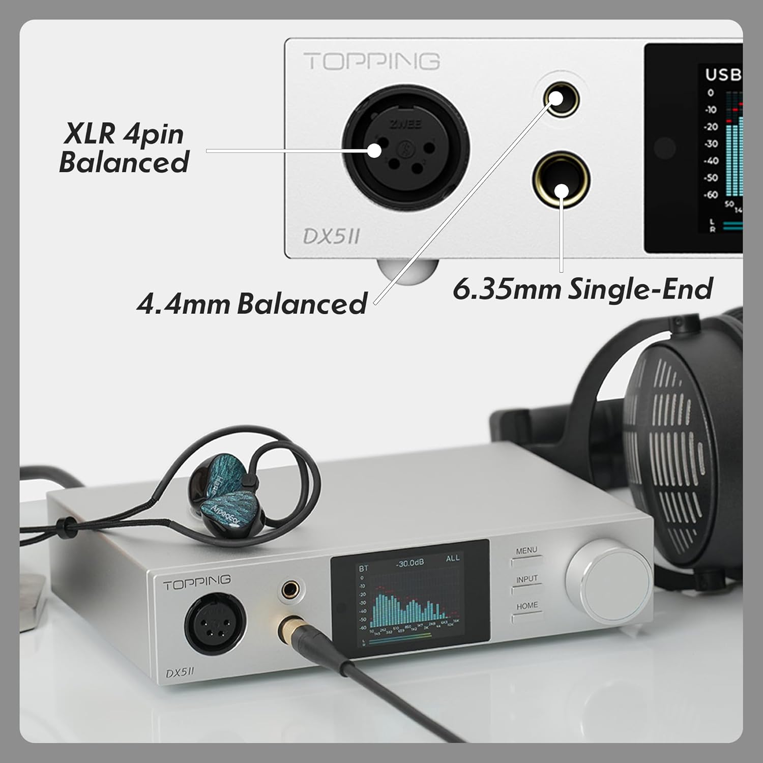 TOPPING DX5 II Hi-Res DAC & Headphone Amp Combo – Dual ES9039Q2M  X-Hybrid Amp  10-Band PEQ  LDAC Bluetooth 5.1  4.4mm Balanced & 6.35mm Headphone Output  Preamp Mode  12V Trigger (Silver)