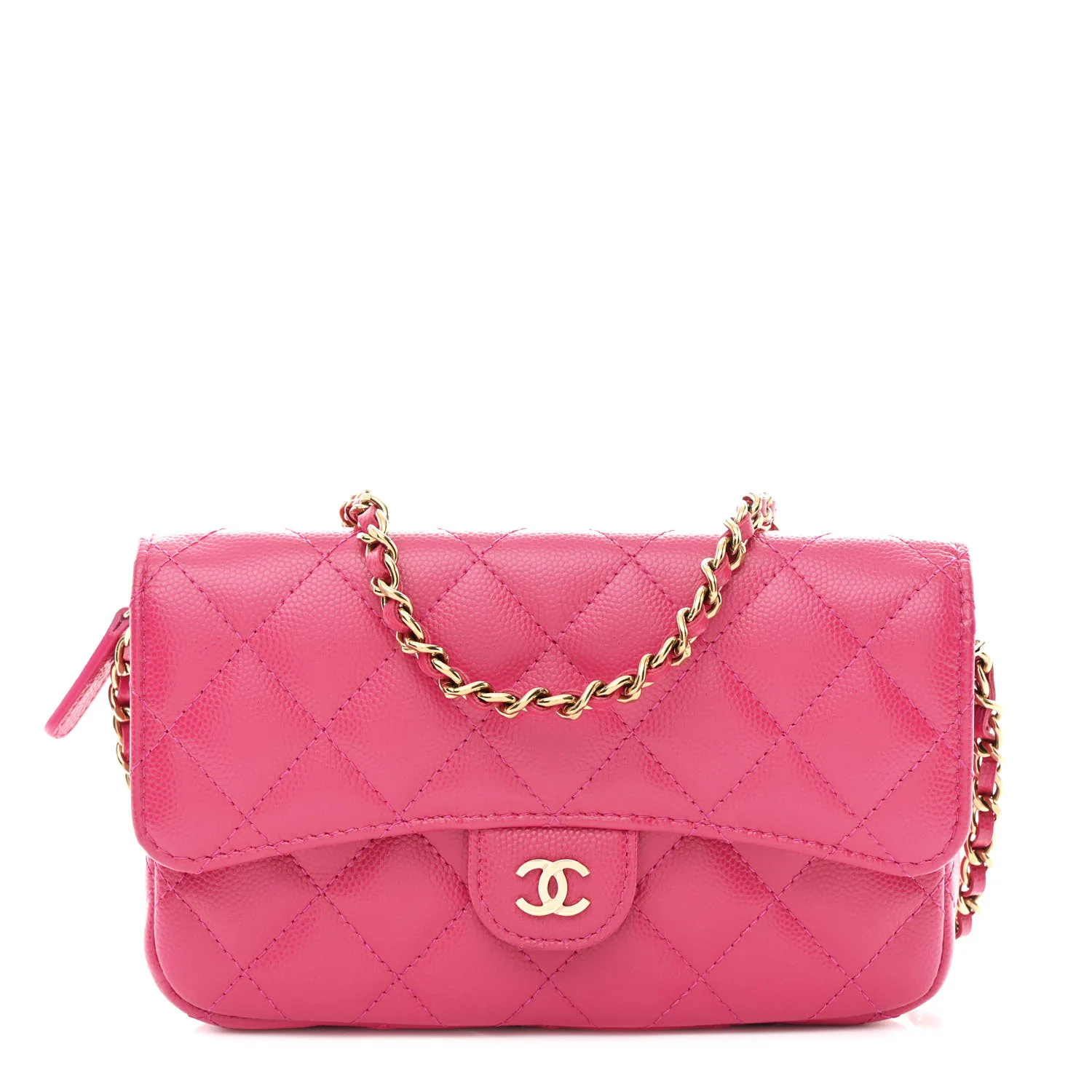 Caviar Quilted Flap Phone Holder With Chain Pink