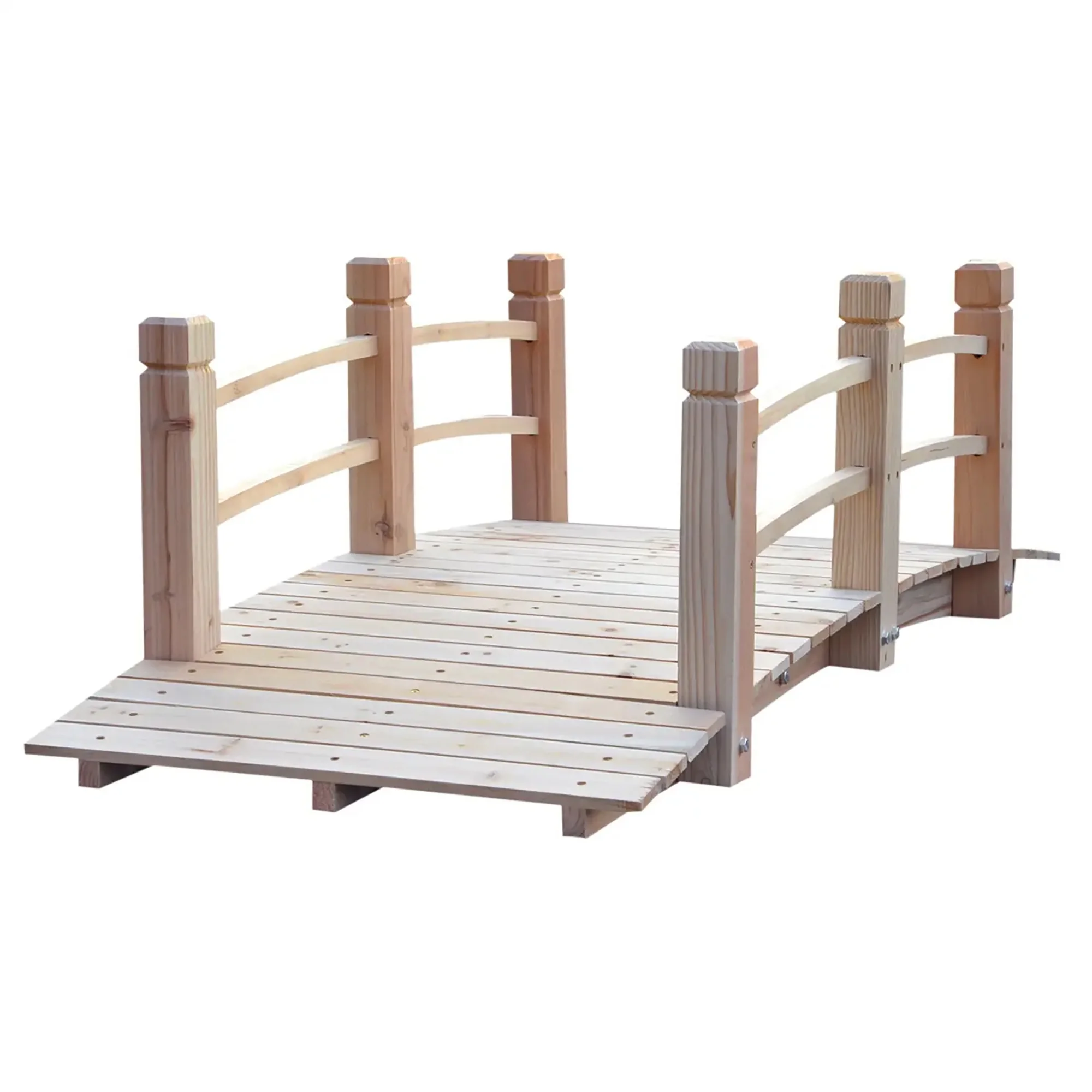 5 Ft Wooden Garden Bridge Arc Footbridge with Railings for Your Backyard, Natural Wood