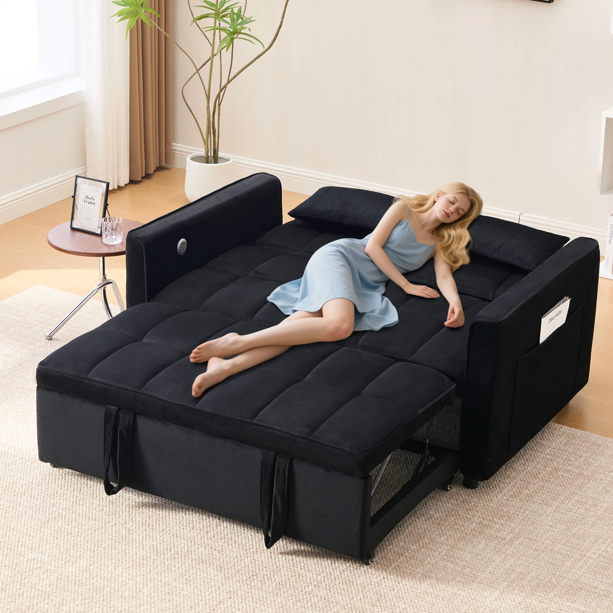 3-in-1 Convertible Sofa Bed �C USB Charging, Adjustable Backrest Pull-Out Couch Loveseat Sleeper for Living Room, Apartment Small Space,Black(Black-USB Charging Port) - Image 8