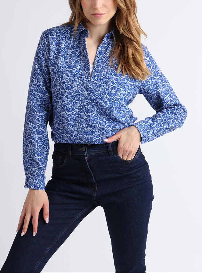 Chemisier femme coton fleurs bleues
