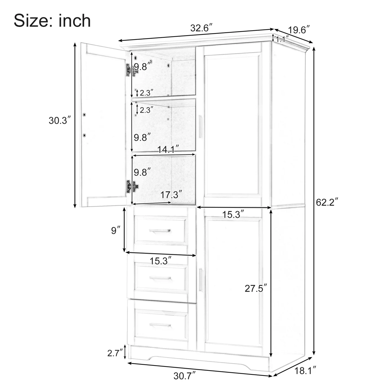 Bathroom Cabinet, 62.2" Tall Storage Cabinet with Doors and Shelves, Freestanding Linen Closet for Bathroom, Kitchen, Living Room, Grey(Grey) - Image 8