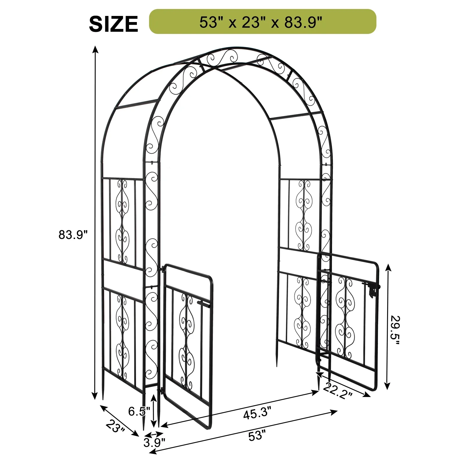 Qiushi 7FT Garden Arch Arbor with Entry Door, Heavy Duty Metal Arbour Archway, Decorative Frame Stand Trellis with Ground Stakes for Wedding Ceremony Party Plant Climbing Rose Vines Patio, Black