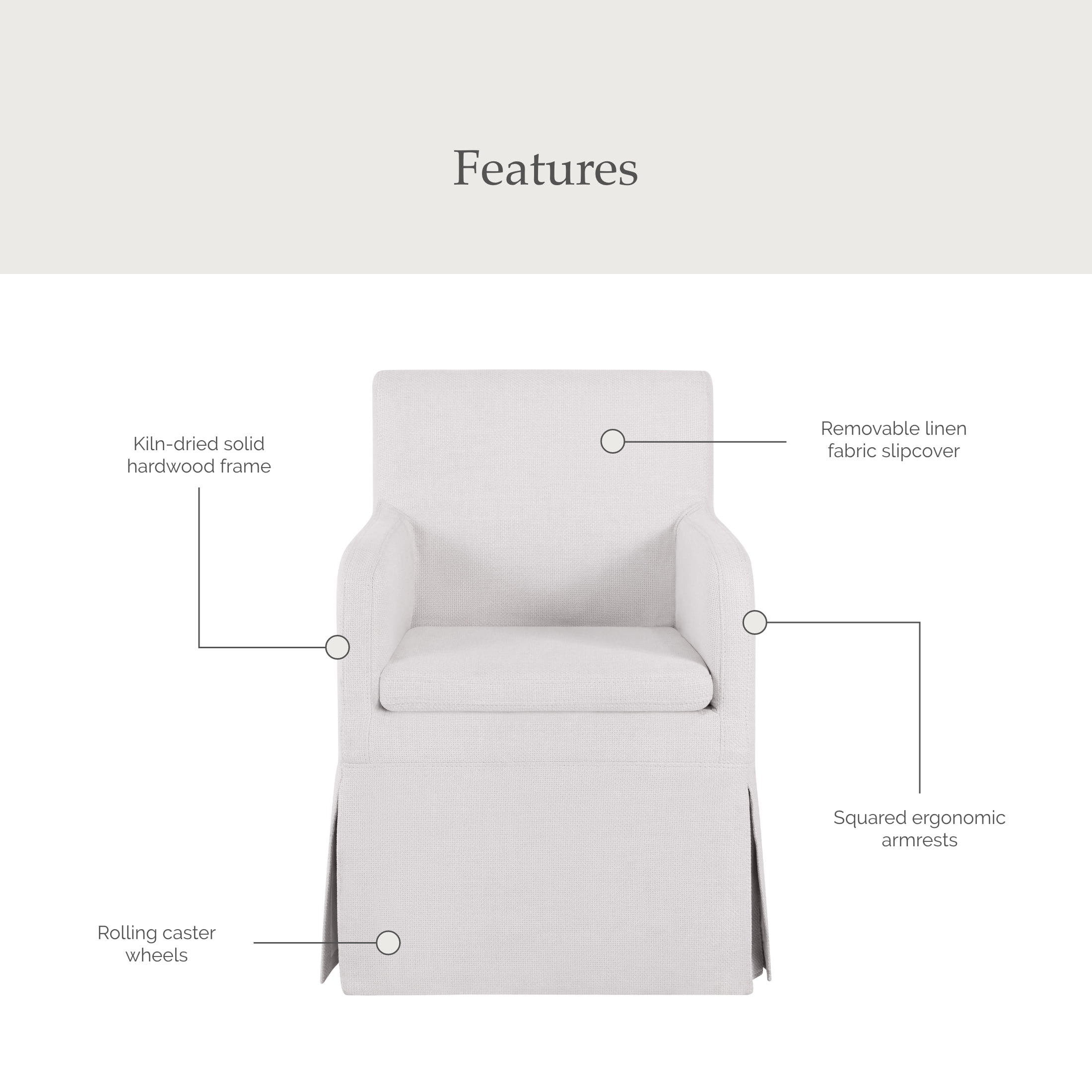 My Texas House Wren Slipcover Dining Chair with Rolling Caster Wheels, Cream