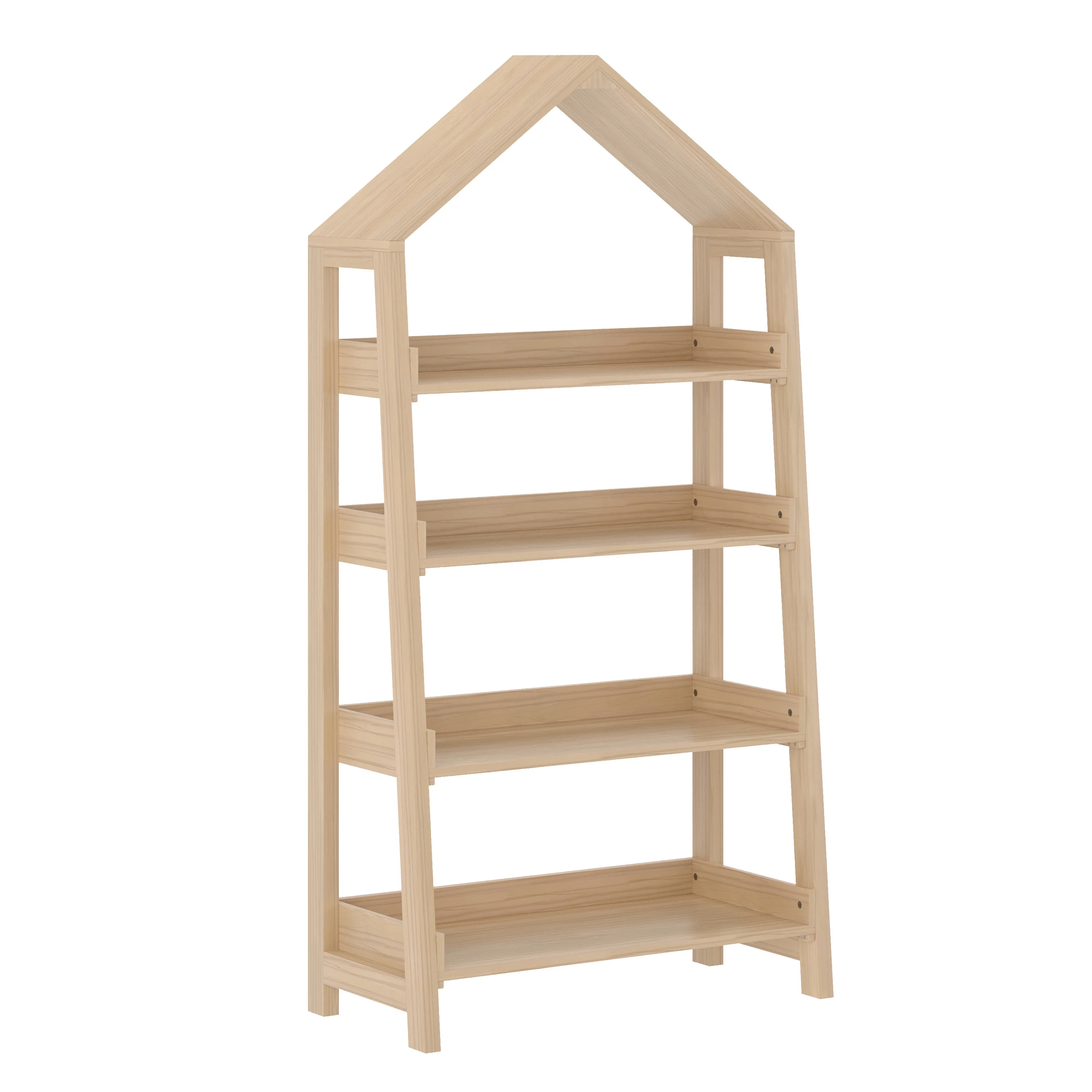 Kids Open-Style Wooden Bookshelf with 4 Shelves and Covered Triangular Top, Natural(Natural) - Image 2