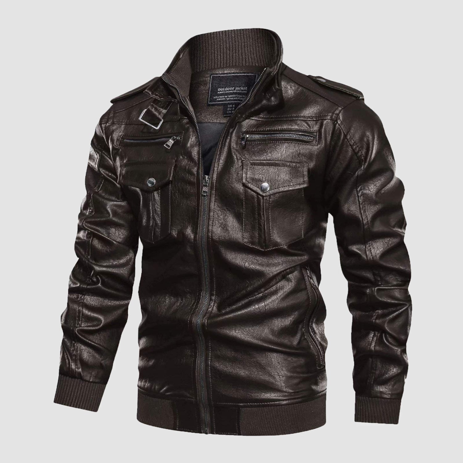 Veste vintage pour homme en similicuir PU avec 6 poches, col montant, style motard.